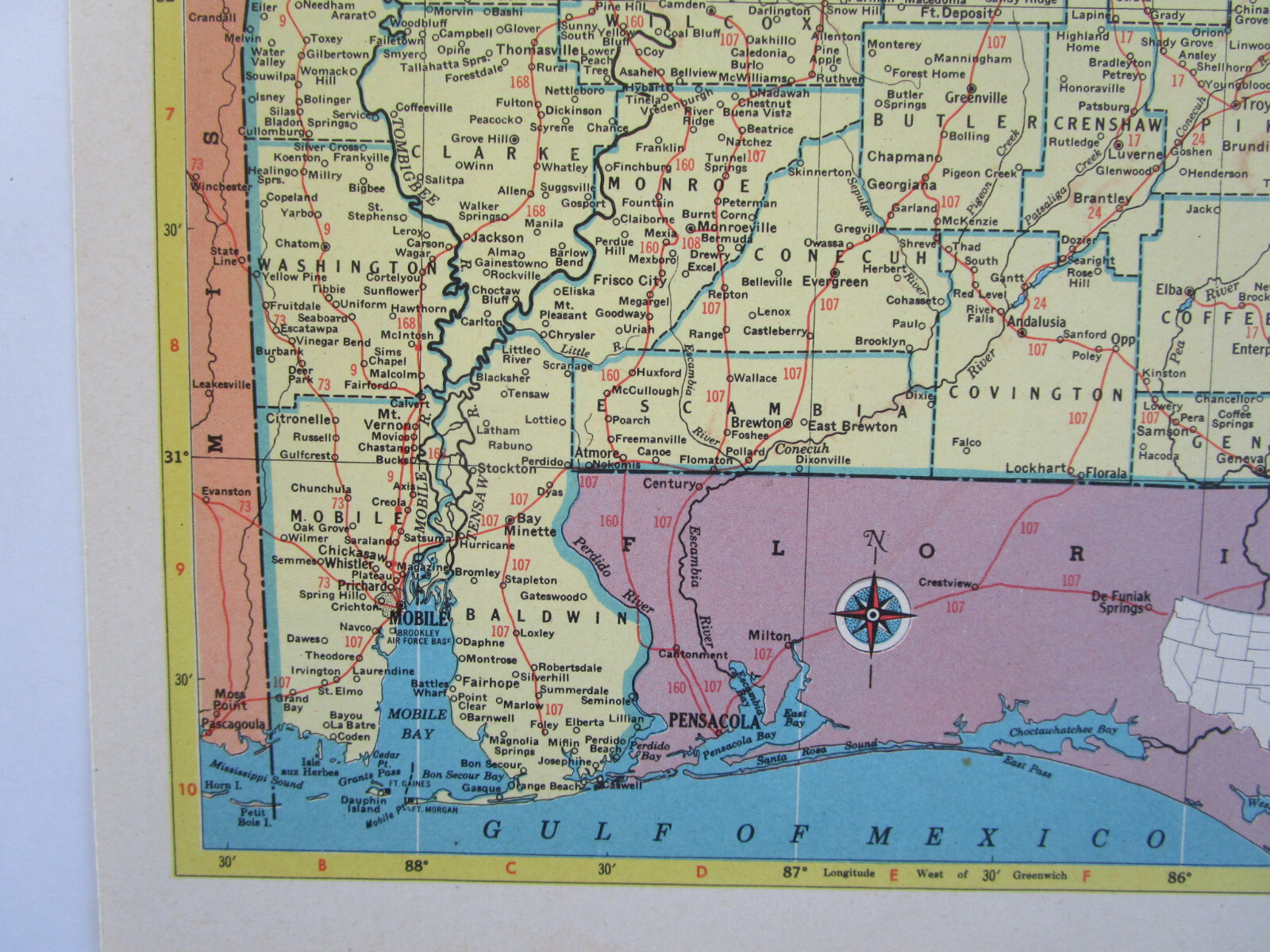 AL AZ Vintage 1952 ALABAMA RAILROAD Map. CHATTAHOOCHEE VALLEY RR or ARIZONA