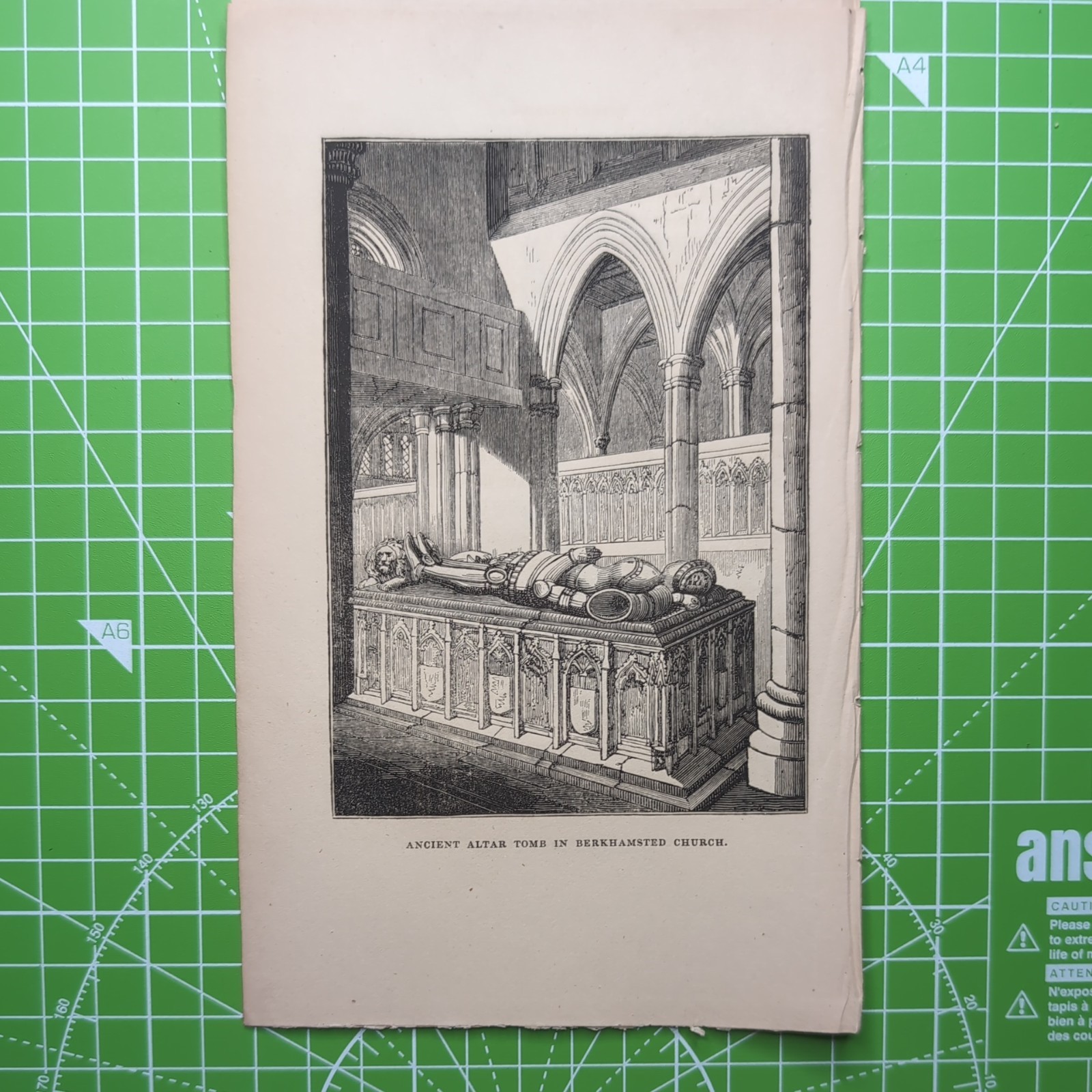 Original 1839 Antique Engraving Of Ancient Altar Tomb In Berkhamsted Church