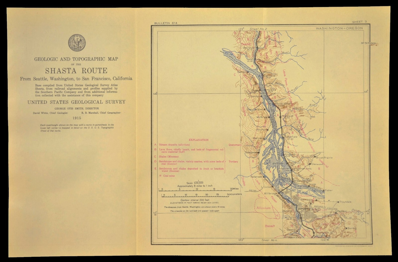 1915 Antique Southern Pacific Railroad Map Portland Oregon Vancouver WA Geologic