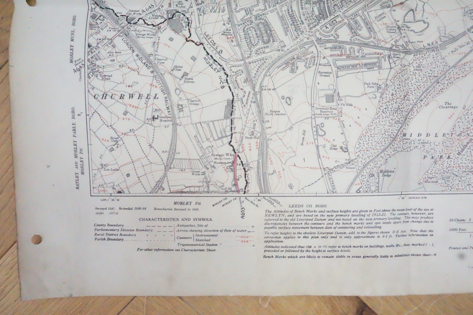 1938 Middleton Churwell Beeston Yorkshire LMS LNER Railway OS Linen Map Ref 57 *