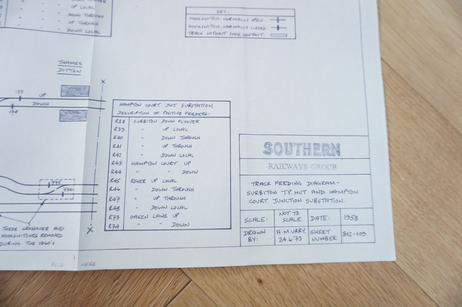 1958 / 1973 Surbiton Hampton Substation Railway Track Plan Map Southern Region
