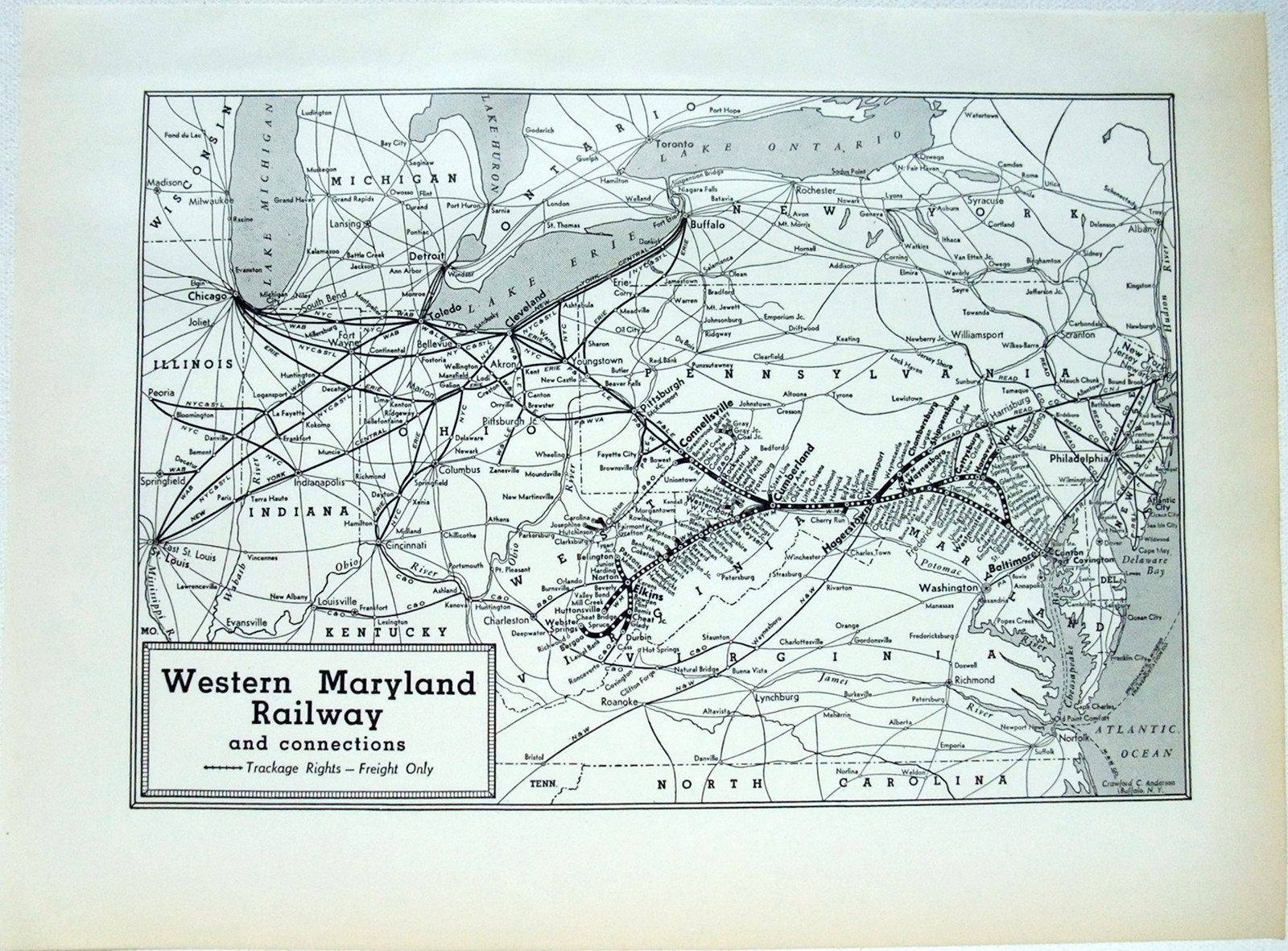Western Maryland Railroad – Original 1941 System Map. Vintage Raiway