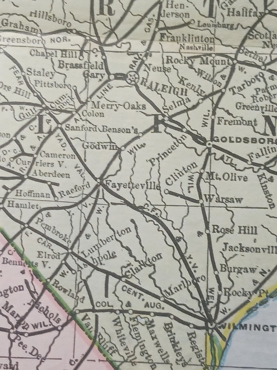 ~1898 Railroad Map Mid Atlantic Virginia Maryland WV SC NC DE Train Routes 11×9″
