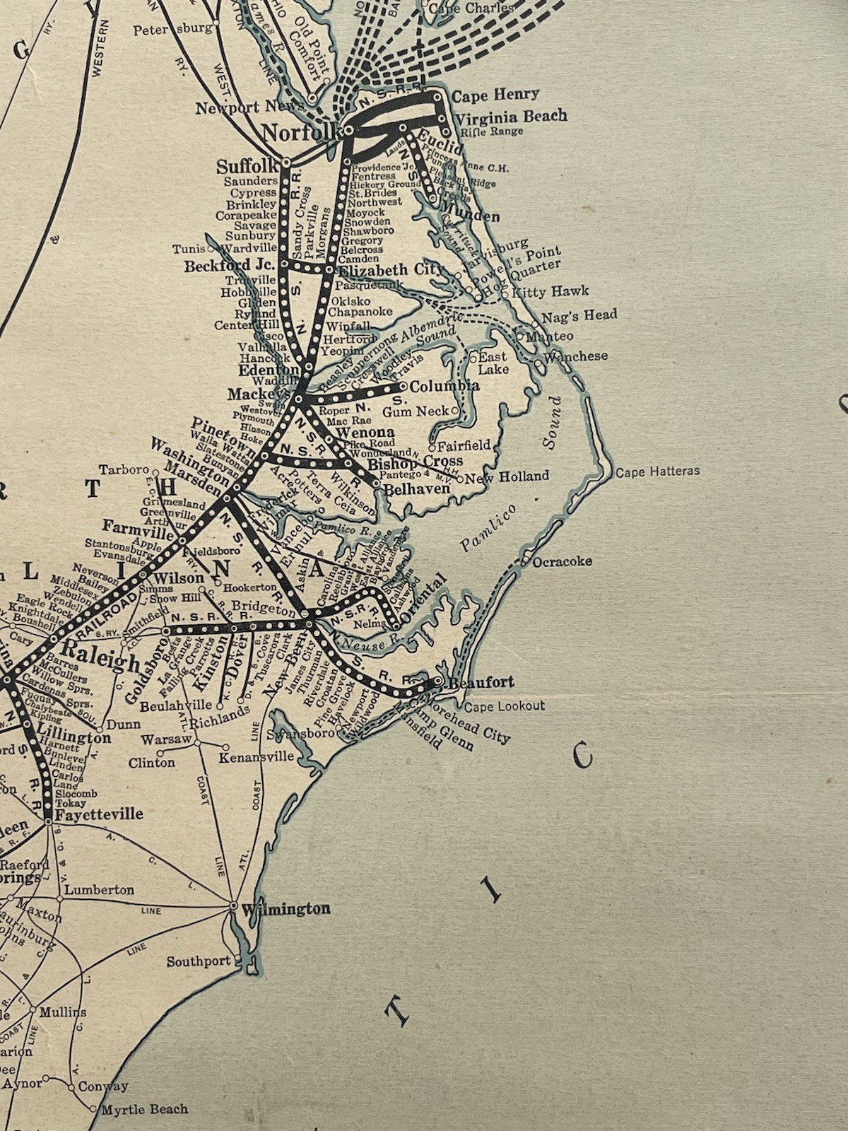 Antique c. 1940s Norfolk Southern Railroad System Track Wall Map Dixie Air Line