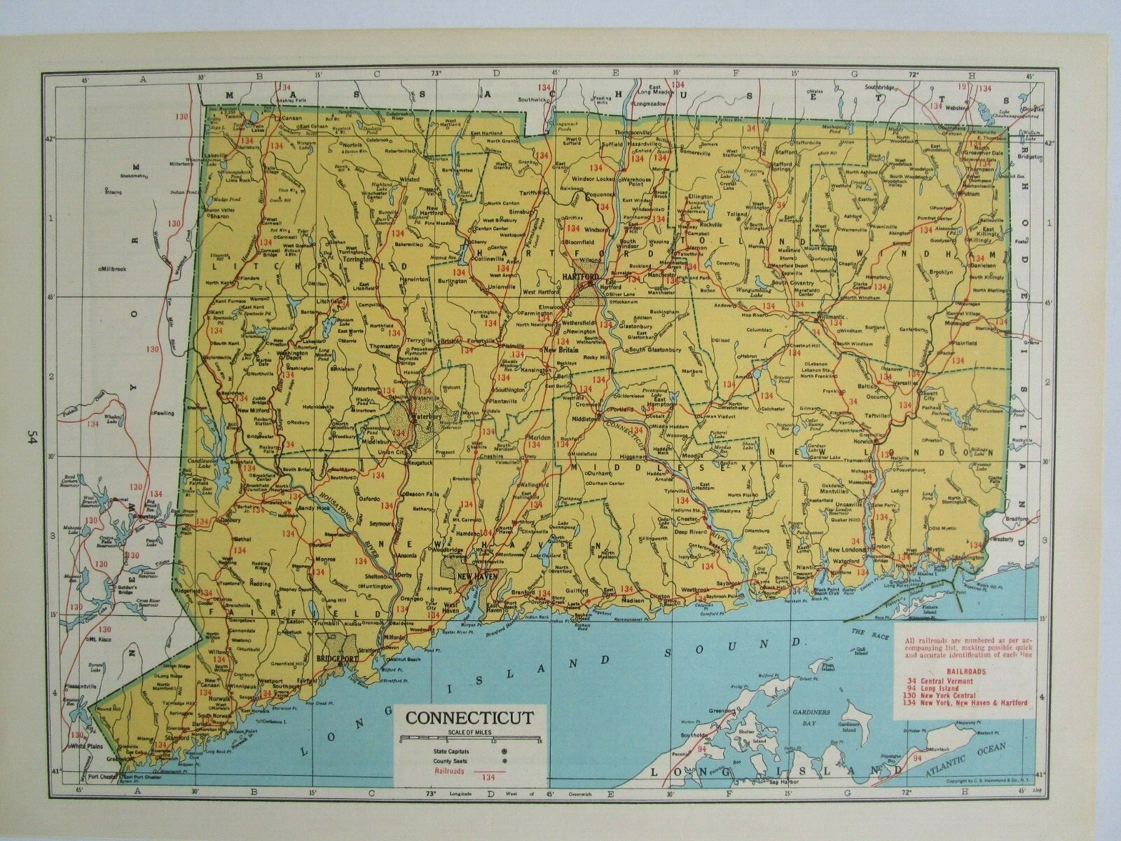 CT CO 1948 CONNECTICUT RAILROAD Map. ~or~ COLORADO Railway Map 1950s Mid Century
