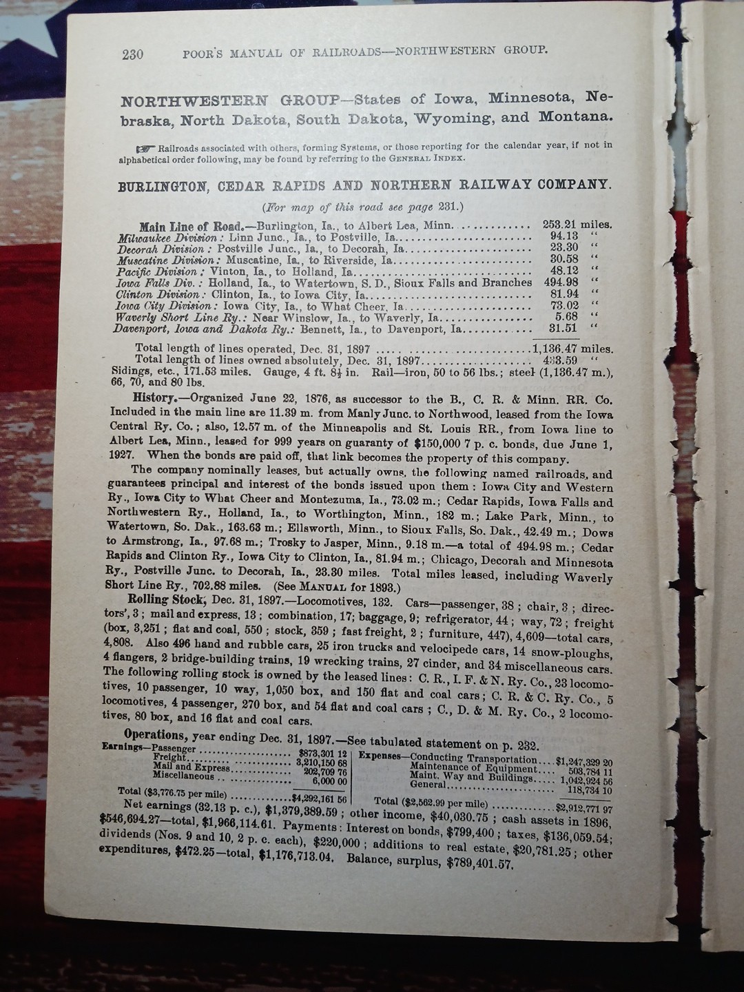 ~1898 Train Route Map + Railroad Report BURLINGTON CEDAR RAPIDS & NORTHERN Railw