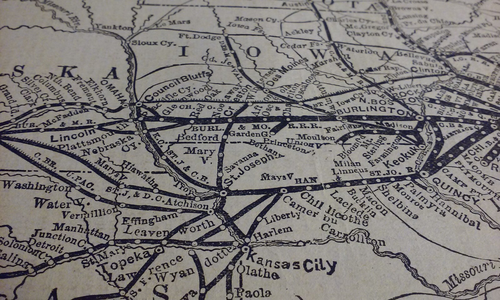 Rare 1876 CHICAGO, BURLINGTON and QUINCY Railroad Print Map & Routes