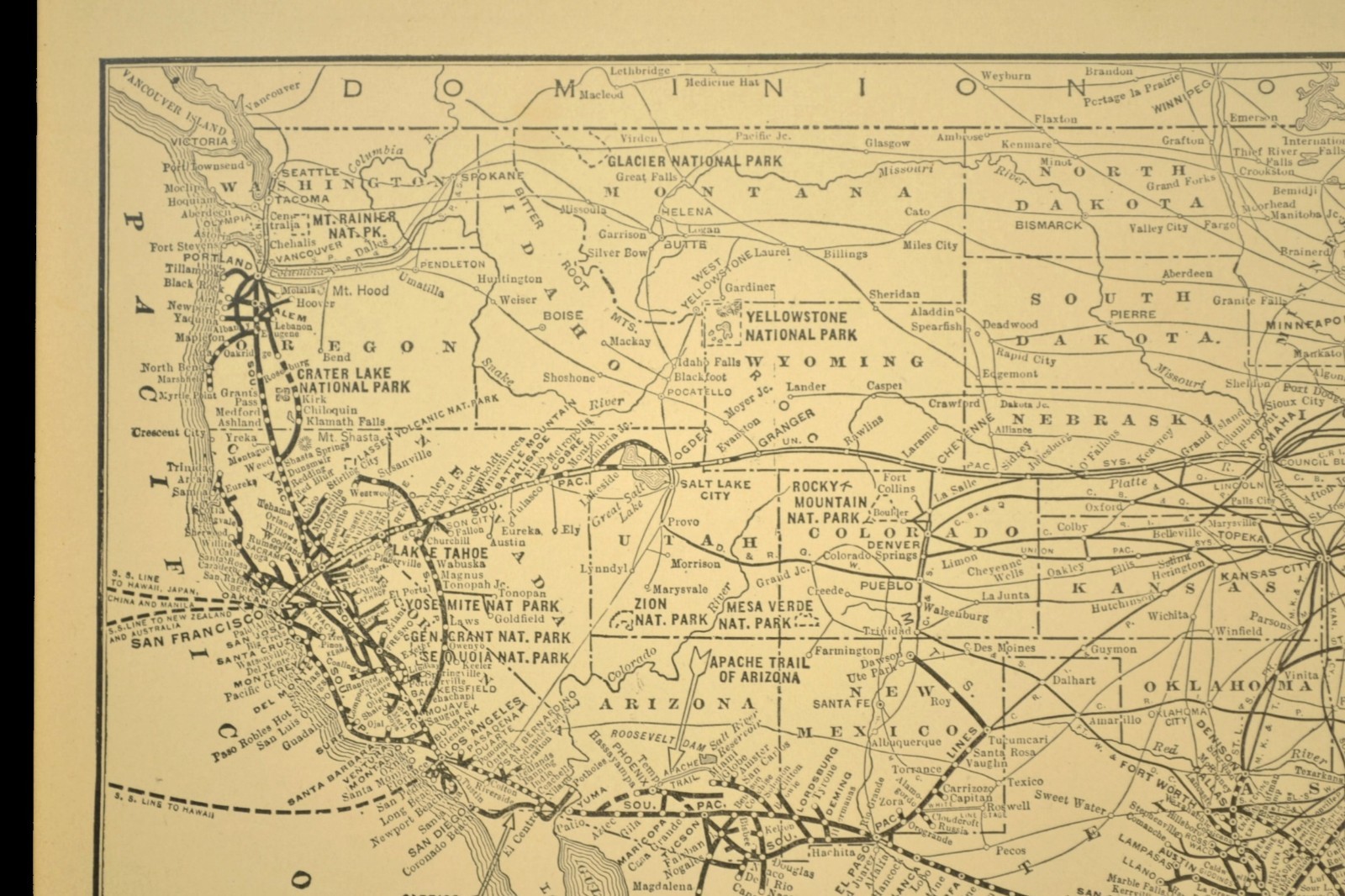 Vintage SOUTHERN PACIFIC Railroad Map Railway Antique 1920s National Parks