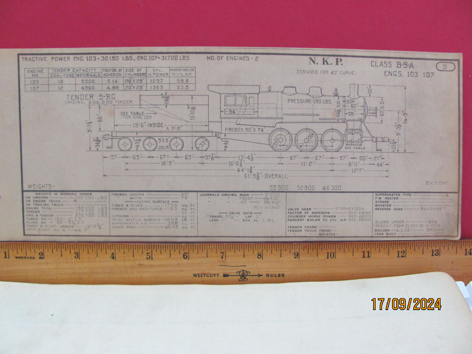 NICKLE PLATE ROAD RAILROAD ORIG 1943 DIAGRAM LOCOMOTIVE #103+ CLASS B-9A 0-6-0
