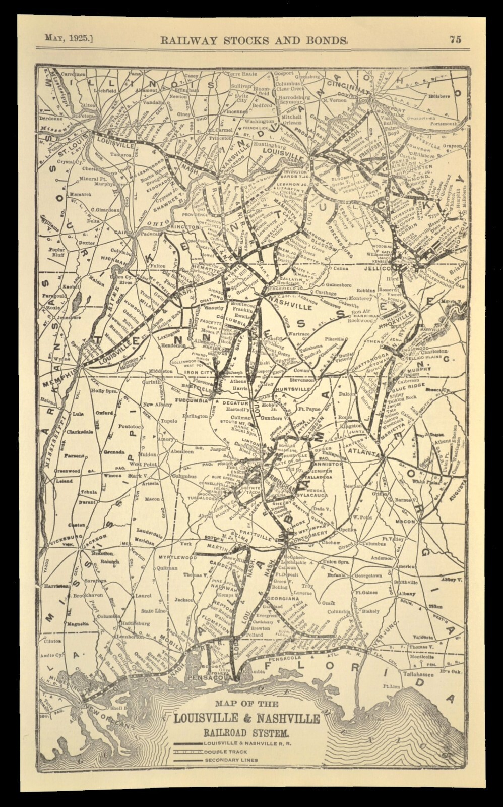 LOUISVILLE & NASHVILLE Railroad Map Vintage Railway Pensacola Florida ca 1925