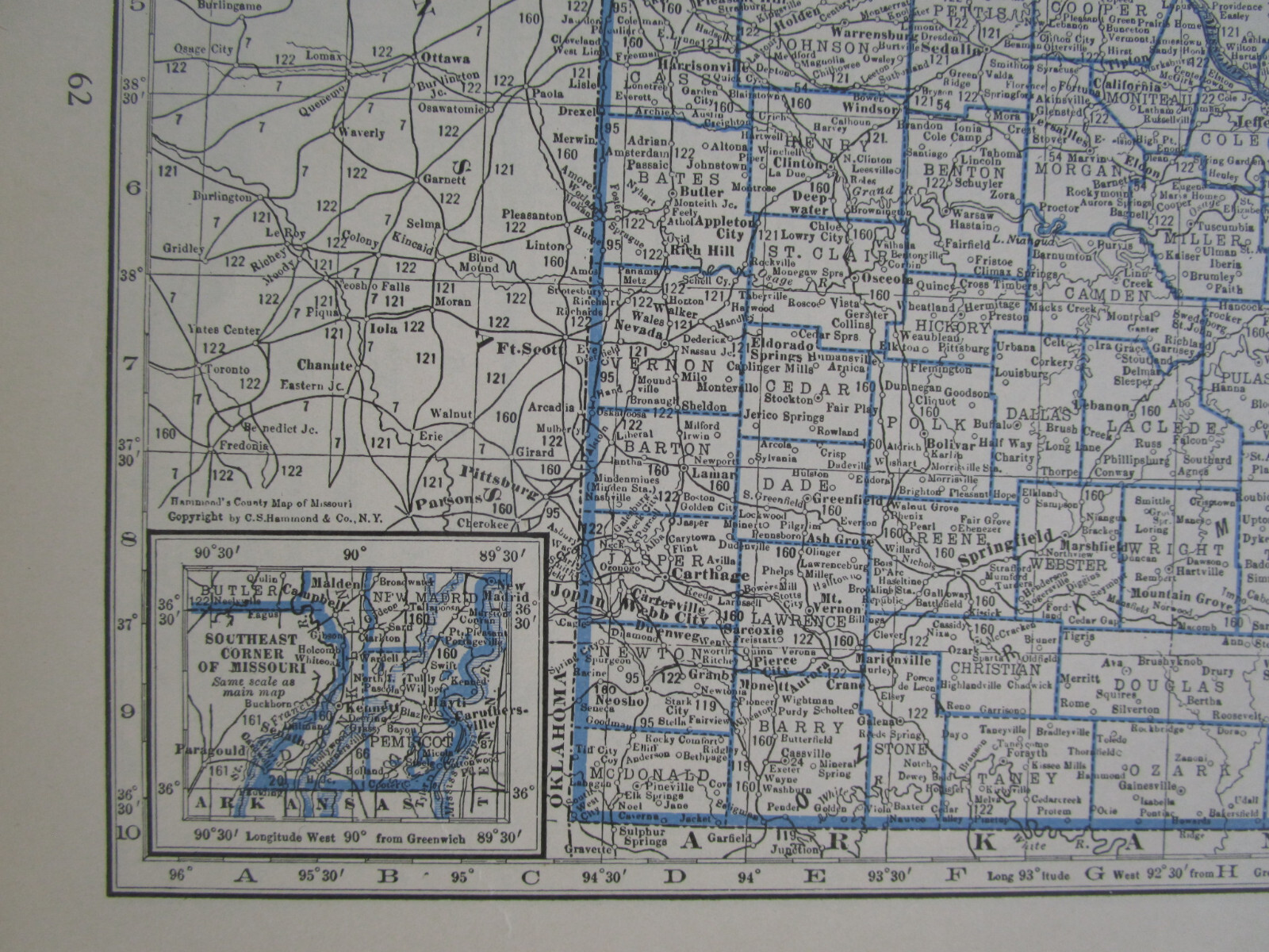 MO MS Vtg 1933 MISSOURI Map DEERING SOUTHWESTERN or MISSISSIPPI. PEARL RIVER VAL