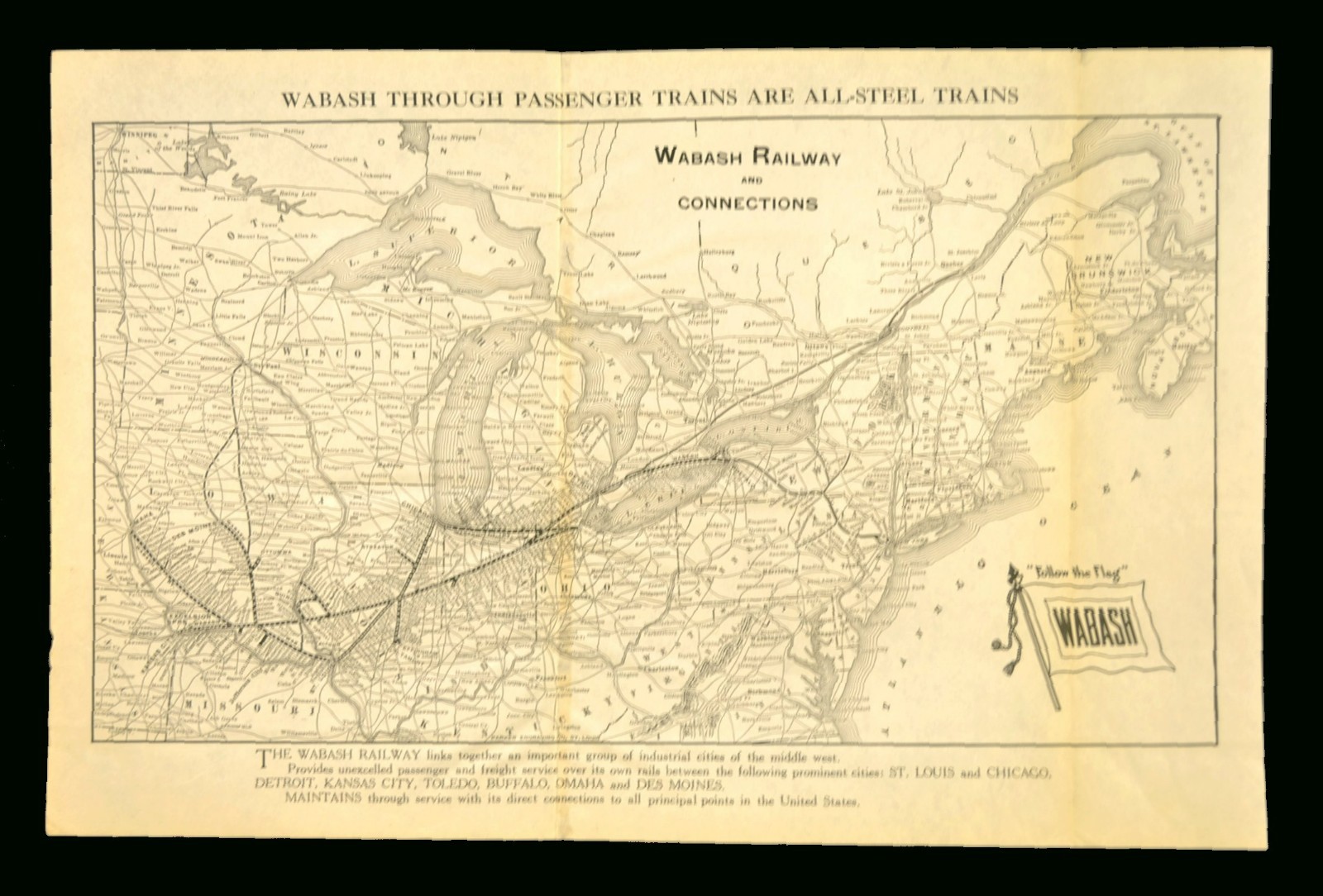 ca 1925 WABASH Railroad Map of the WAB Railway Omaha Des Moines Buffalo Chicago