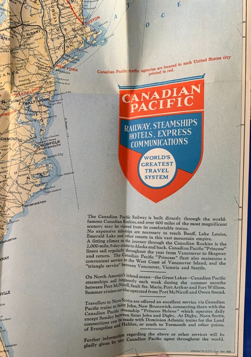 Rare 1939 Canadian Pacific Lines Rail Road Full Size Pull Out Service Map
