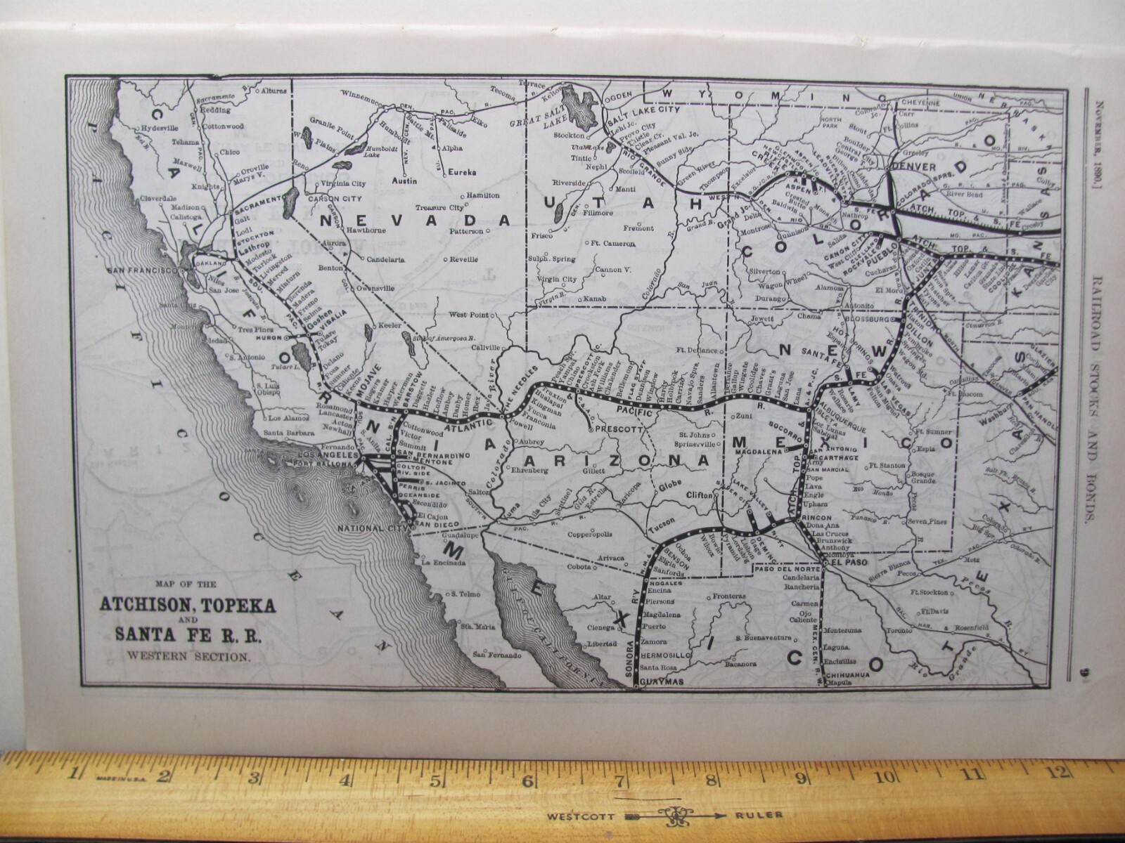 1890 NOV ATCHISON TOPEKA & SANTA FE RAILROAD ORIGINAL WESTERN SYSTEM MAP AT&SF