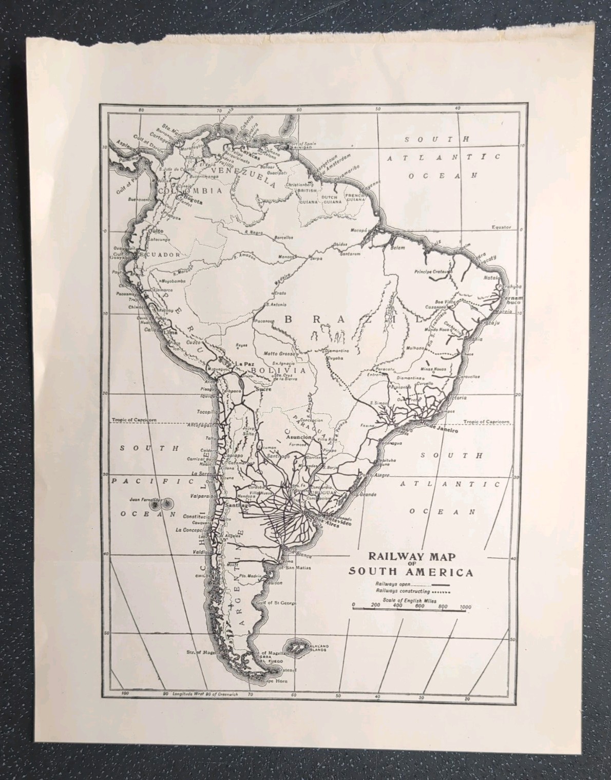 Original 1931 Railway Map Of South America