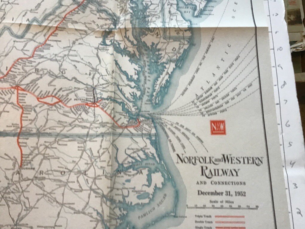 vintage railroad map: 33×22″ NORFOLD & WESTERN Railway dec 31, 1952