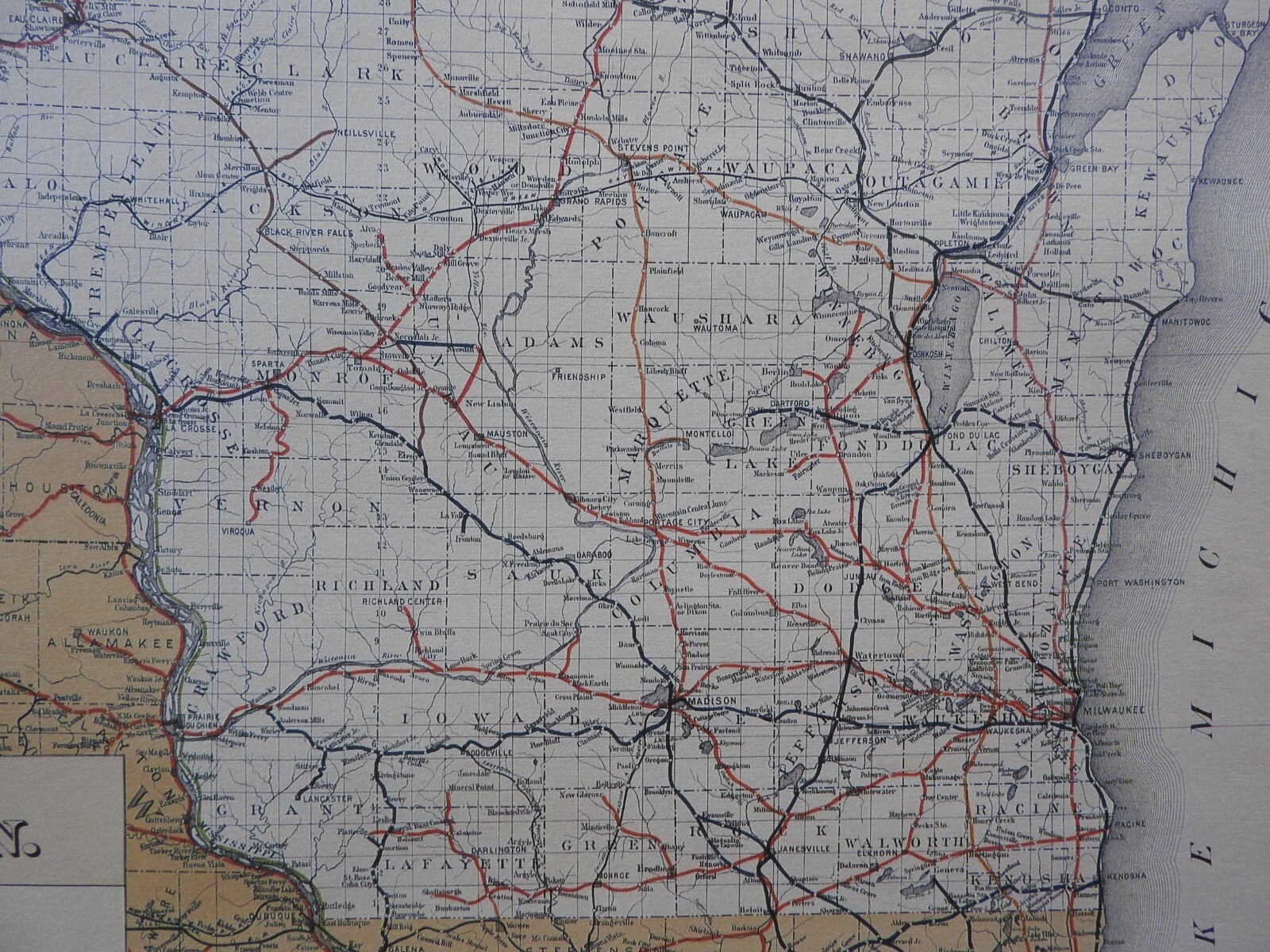 1887 Railroad Map of the Great State of Wisconsin 19″ x 25″ REPRINT! MINTY