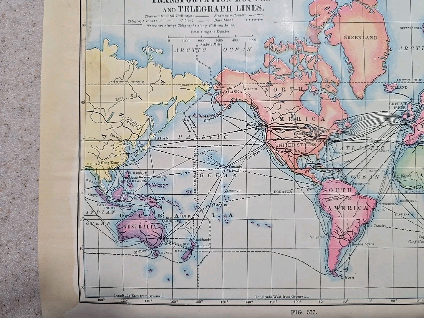 1914 Transportation Routes & Telegraph Lines World Map Color Book Plate