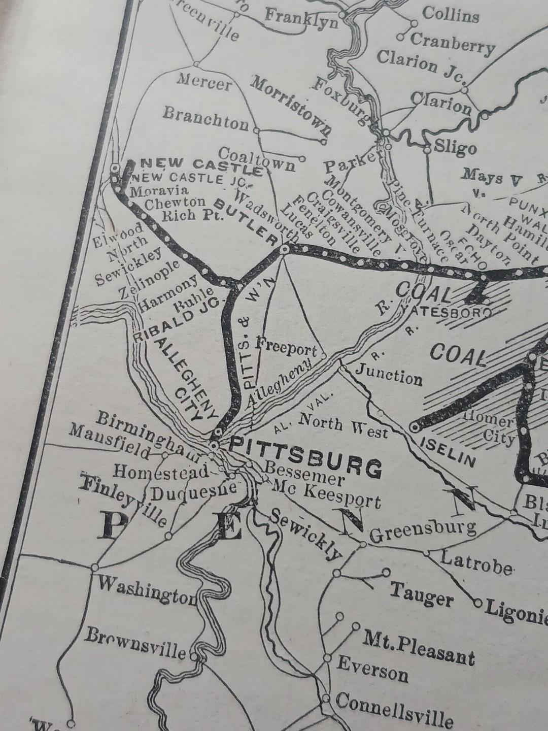 1905 Train Route Map BUFFALO ROCHESTER & PITTSBURGH RAILWAY coal Fields Railroad