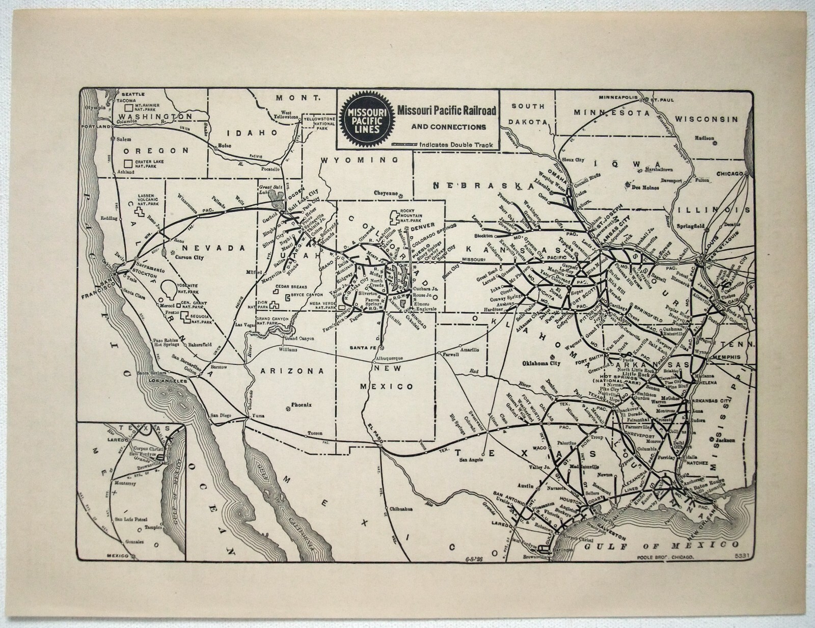 Missouri Pacific Railroad – Original 1926 System Map. Antique