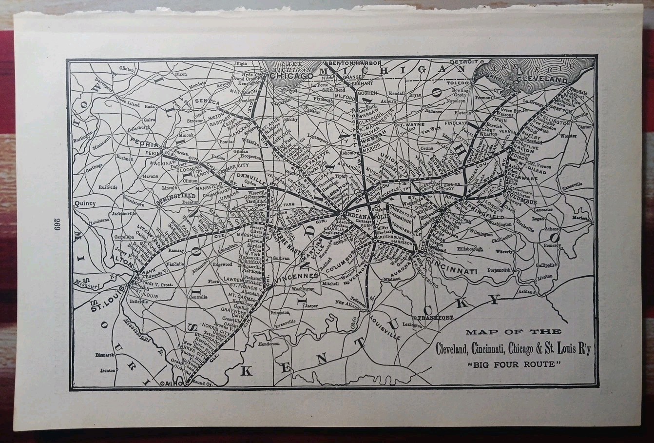 1901 Railroad Map CLEVELAND CINCINNATI CHICAGO & ST LOUIS RAILWAY Big Four Route
