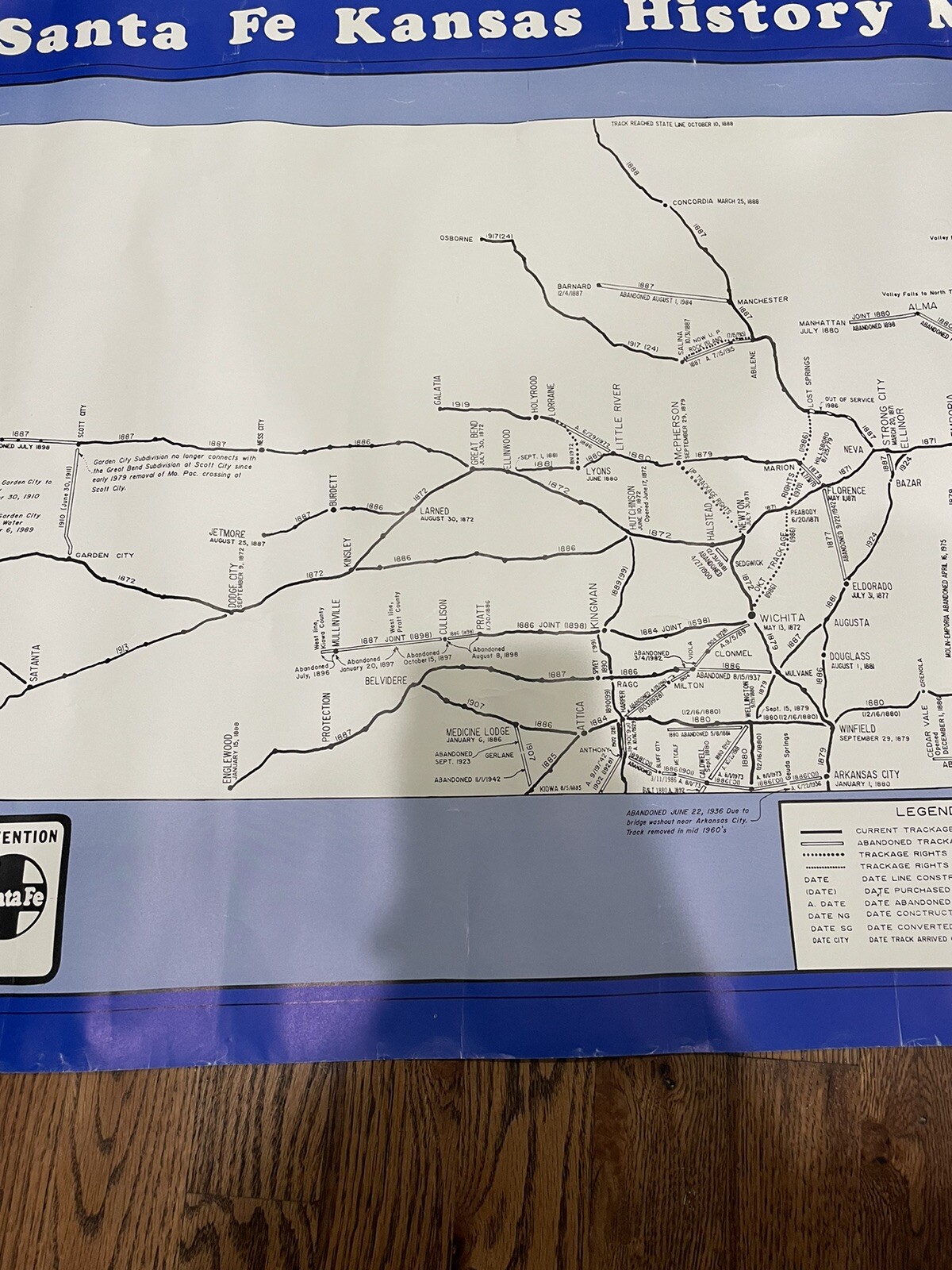 Vintage 1990 Santa Fe Kansas History Map Poster Train Track Routes NL