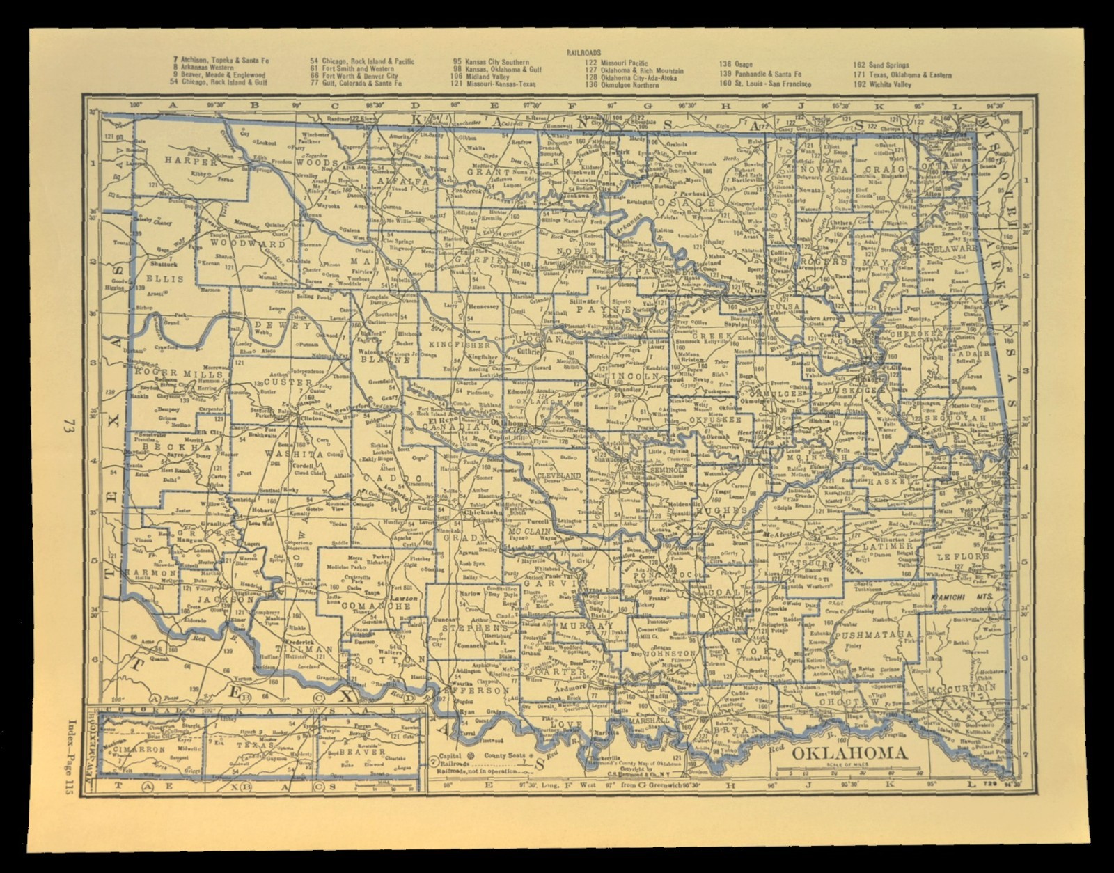 ca 1930 OKLAHOMA Railroad Map Depot Towns CRI&P RR Historic Original Atlas Map