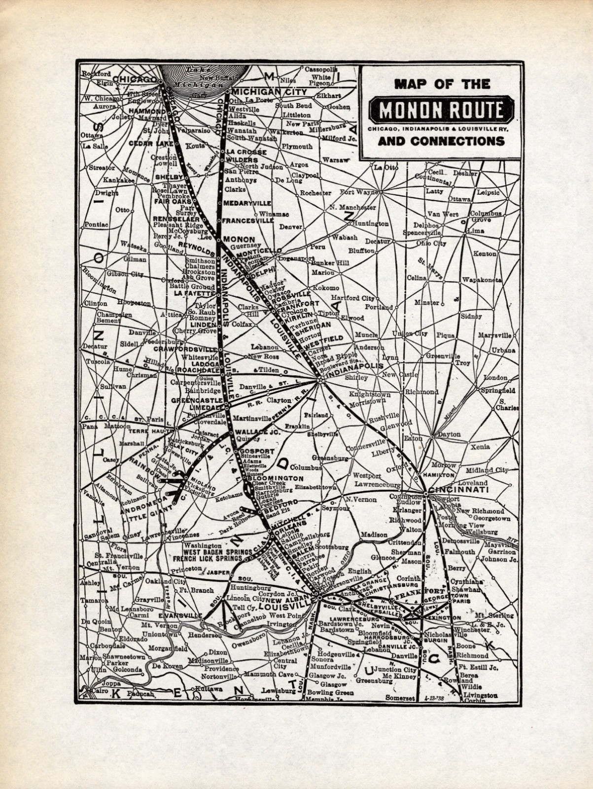 1938 Monon Route Railway Map Chicago Indianapolis Louisville Railway Map 3130