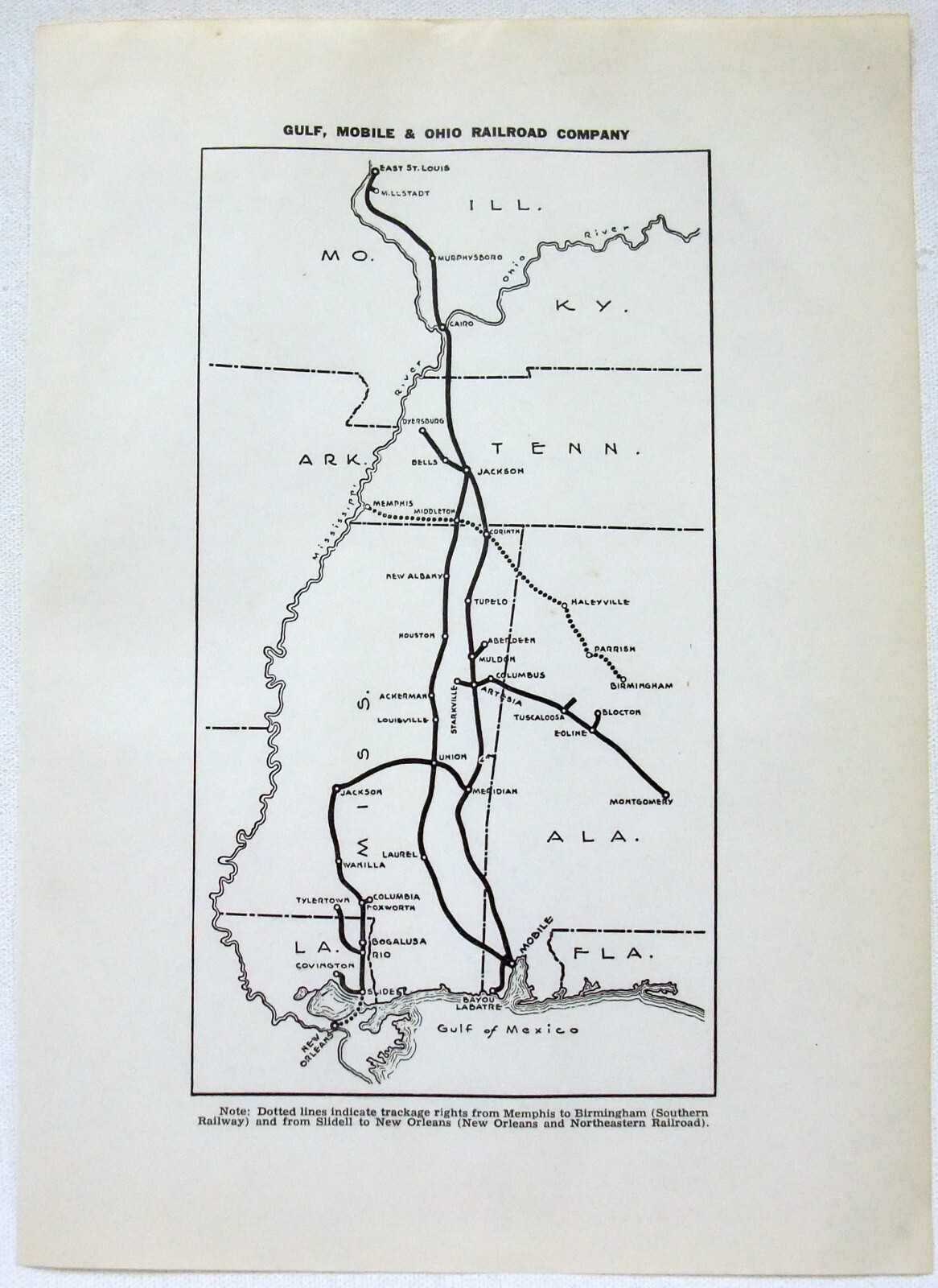 Gulf Mobile & Ohio Railroad – Original 1941 Route Map. Vintage