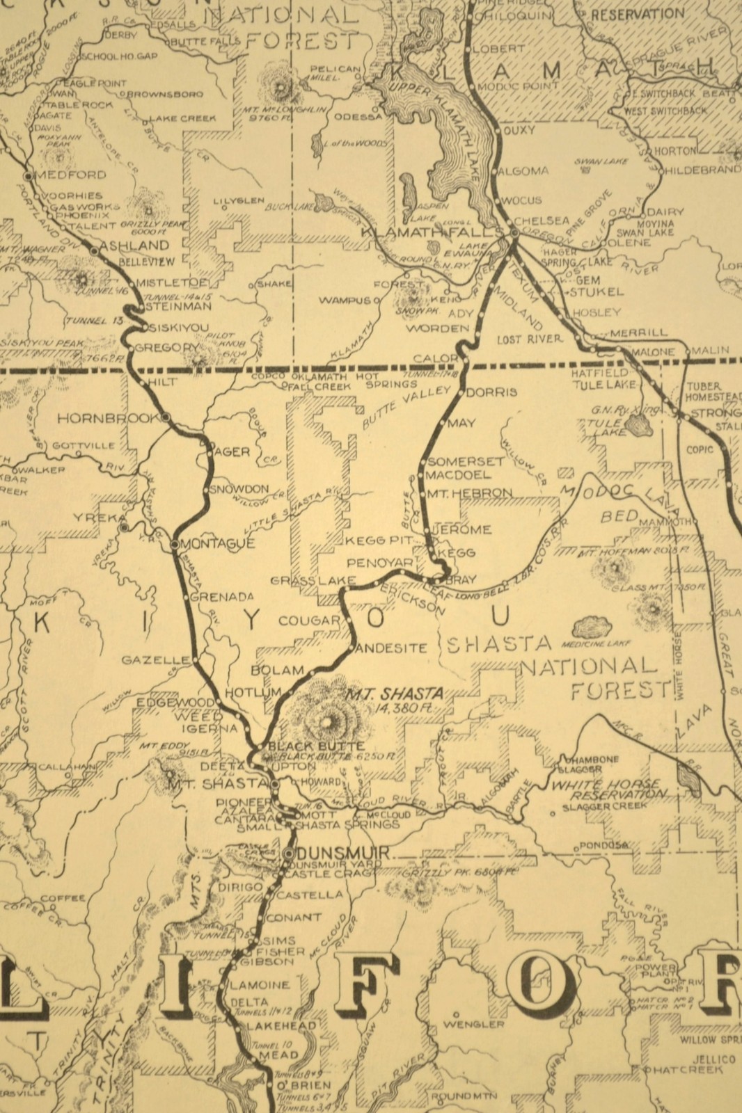 ca 1945 Southern Pacific Railroad Map Shasta Line RR Modoc Line Klamath Falls