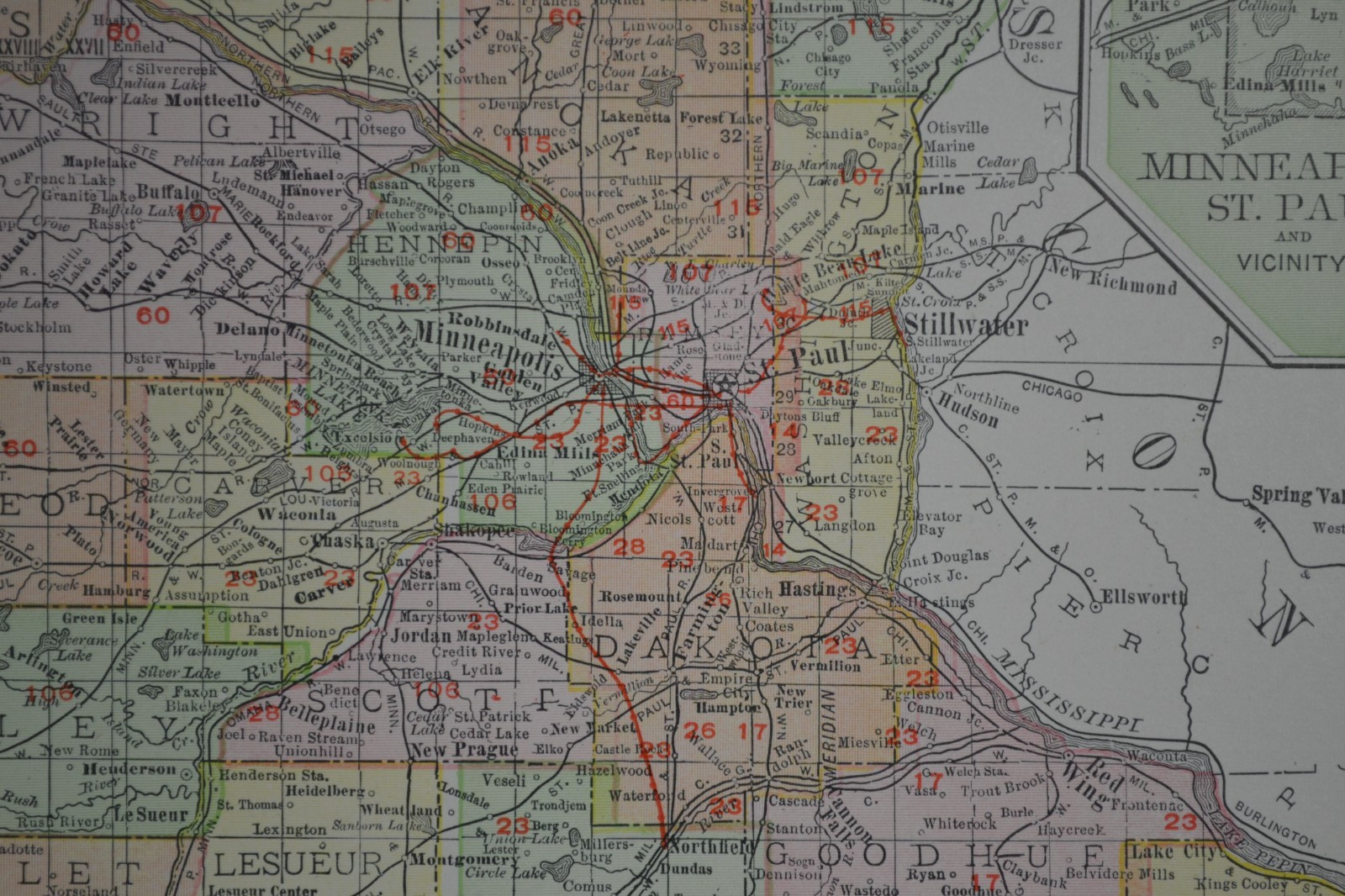 MINNESOTA – 1912 – RAND-McNALLY NEW COMMERCIAL ATLAS – SHOWS RAILROADS