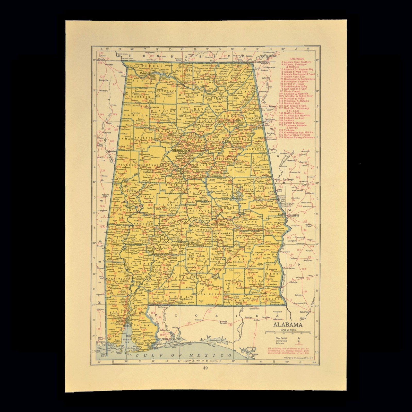 Vintage ALABAMA Map Railroad Depot Towns Birmingham Louisville & Nashville RR