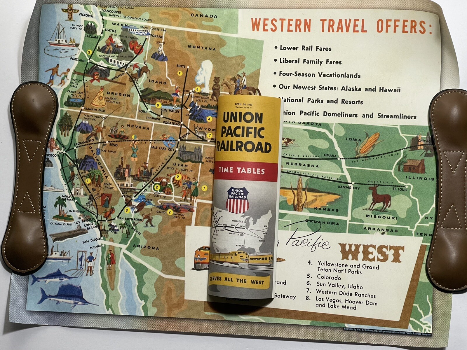 Vintage Union Pacific West Line Map Poster Railroad Train Time Table 1959