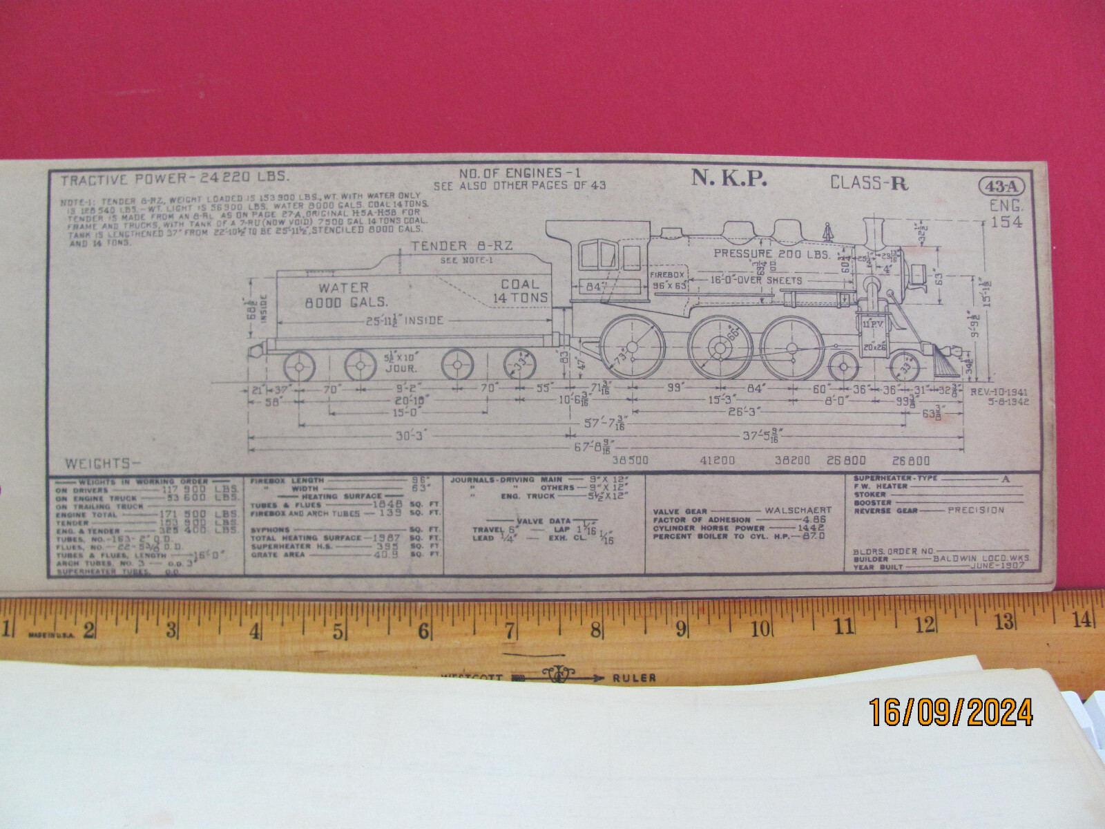 NICKLE PLATE ROAD RAILROAD ORIG 1943 DIAGRAM 4-6-0 LOCOMOTIVE #153 CLASS R