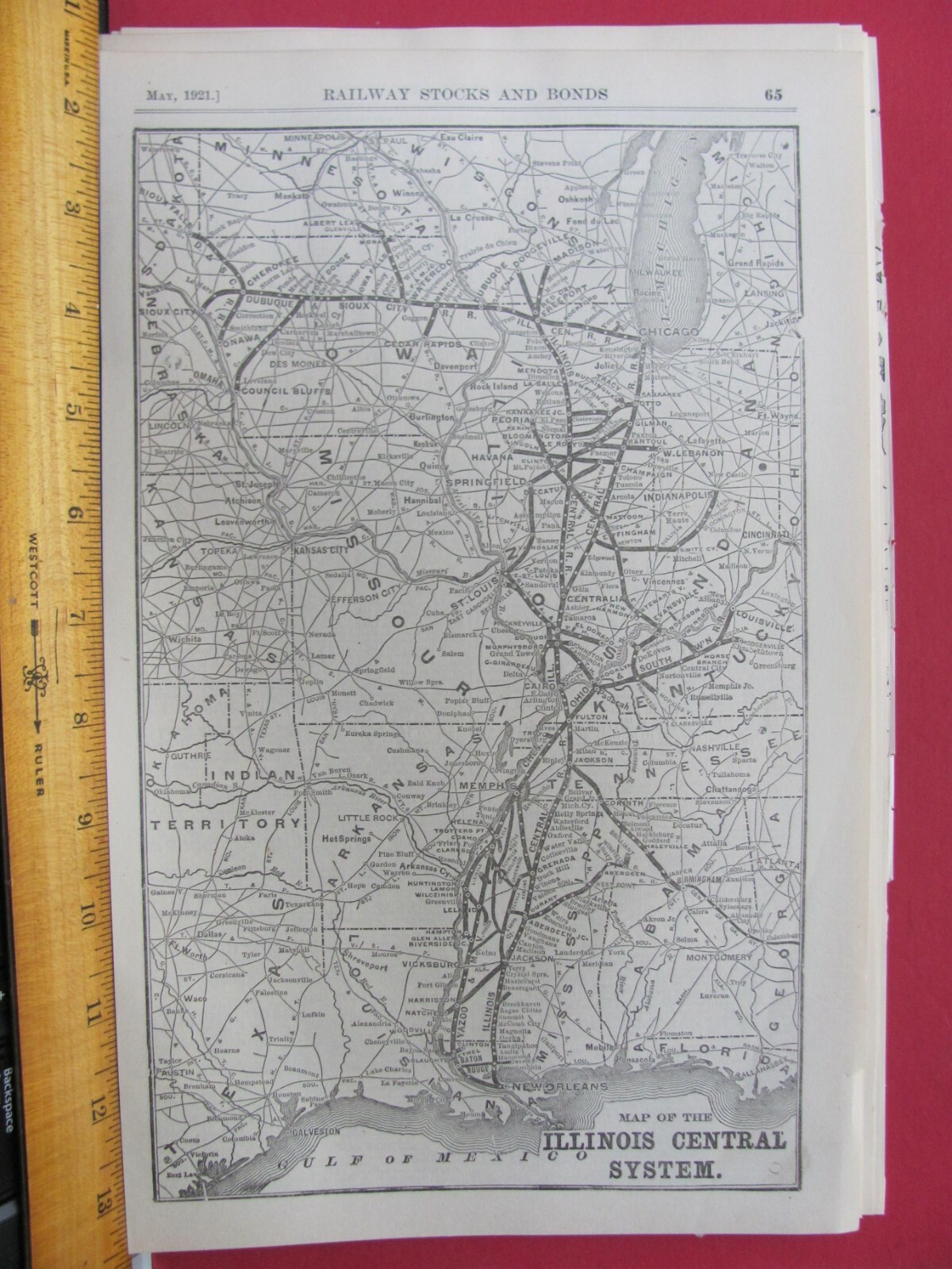 ILLINOIS CENTRAL RAILROAD ORIGINAL 1921 SYSTEM MAP IC RR ROUTE LA AR IL IA MS KY