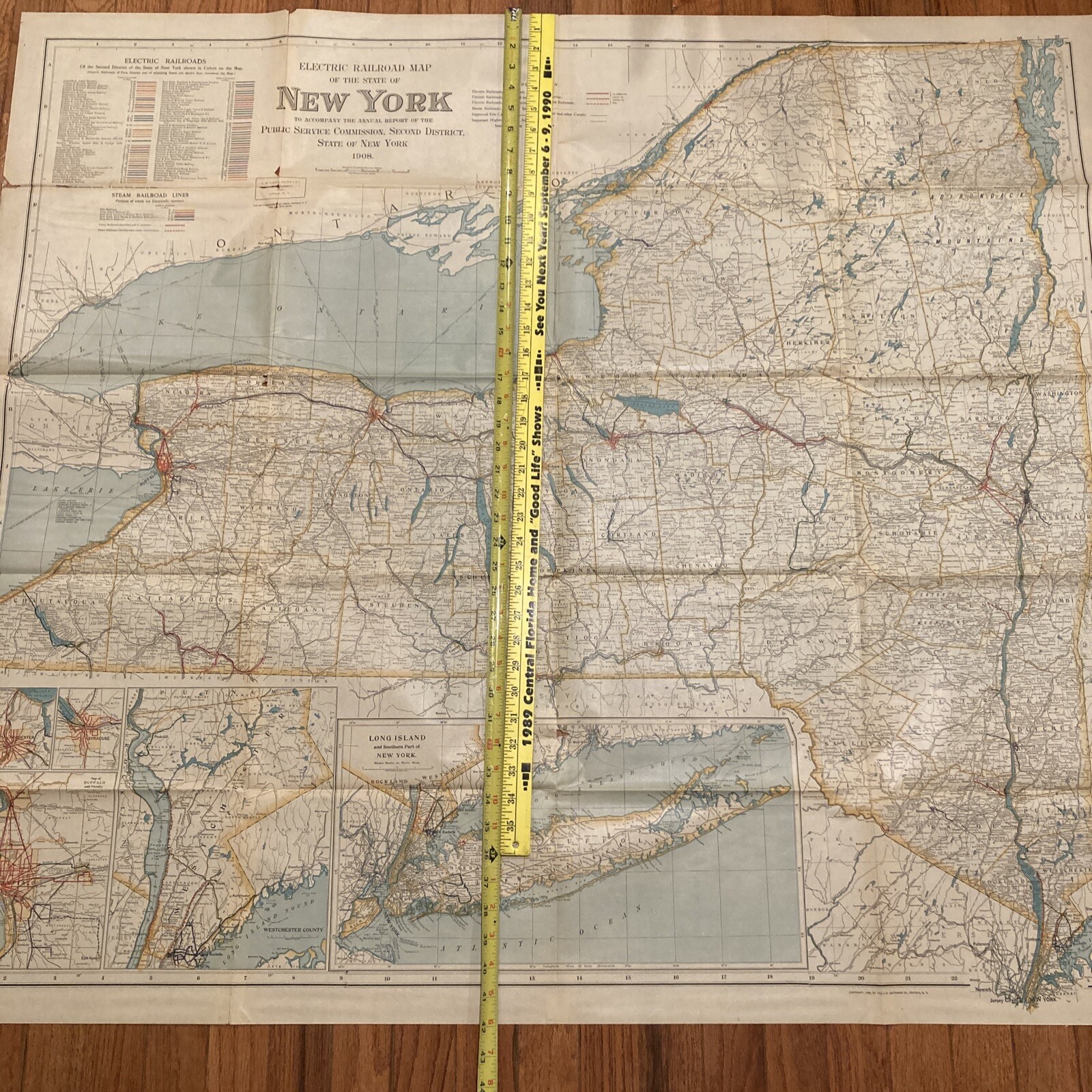 Original 1908 State of New York Electric Railroad Map 47.25″ x42″