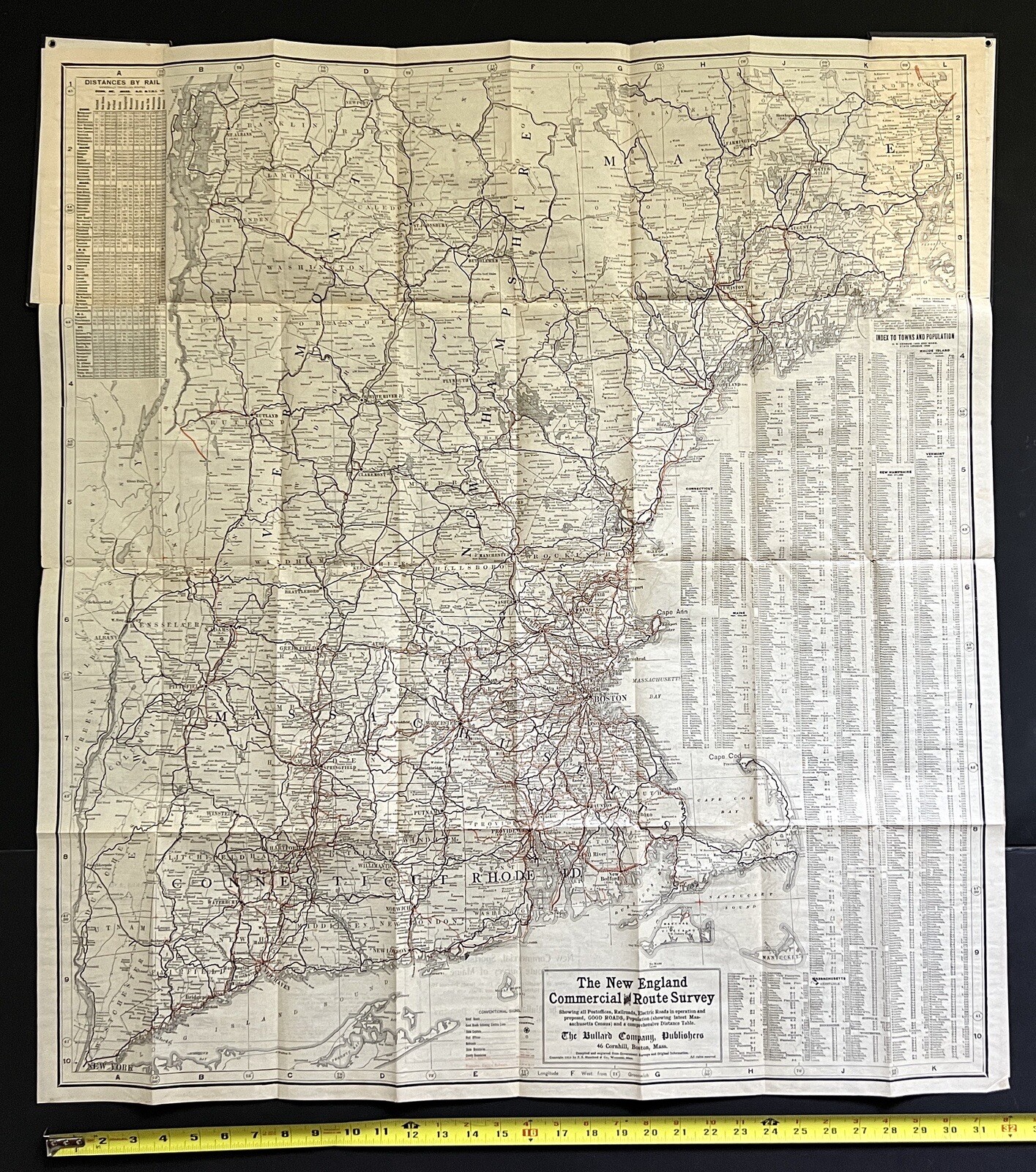 1910 NEW ENGLAND COMMERCIAL & ROUTE SURVEY MAP Towns Populations Rail Fishing