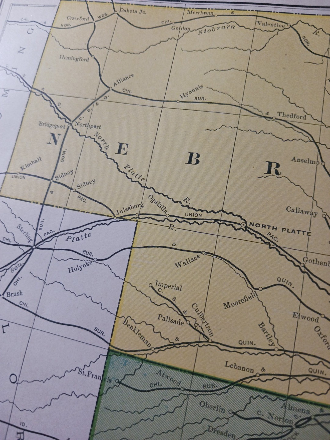 1905 Dated Train Route Map NEBRASKA & KANSAS all Railroad Lines marked 11″x9″