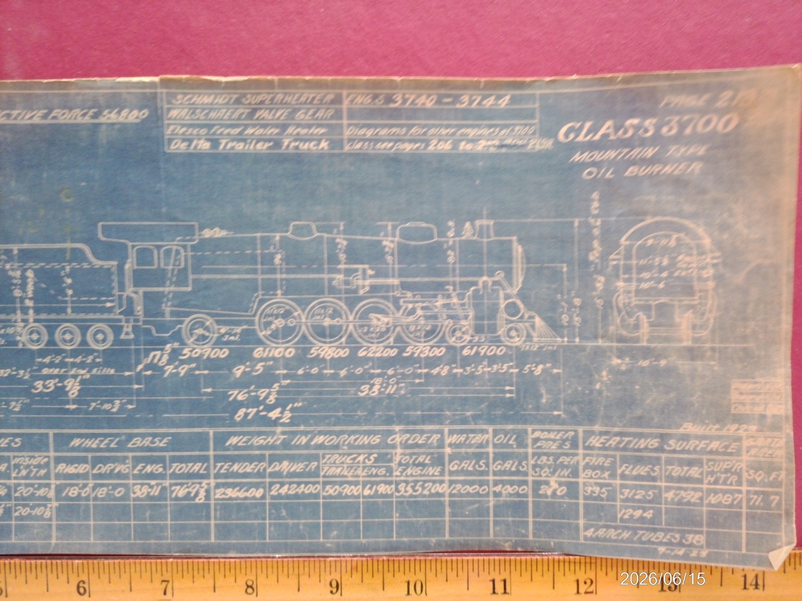 AT&SF RAILROAD ORIG BLUEPRINT DATA DIAGRAM BUILDER PHOTO 4-8-4 LOCOMOTIVE #3700
