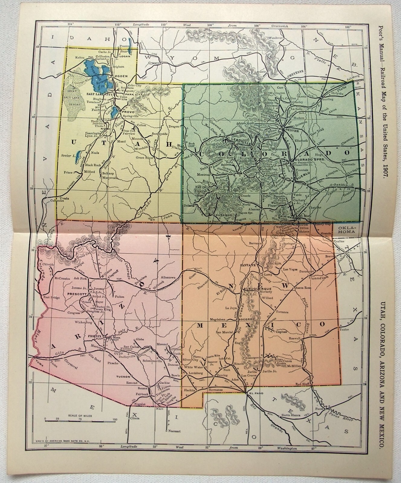 Utah Colorado Arizona & New Mexico – Original 1907 Railroad Map. Antique