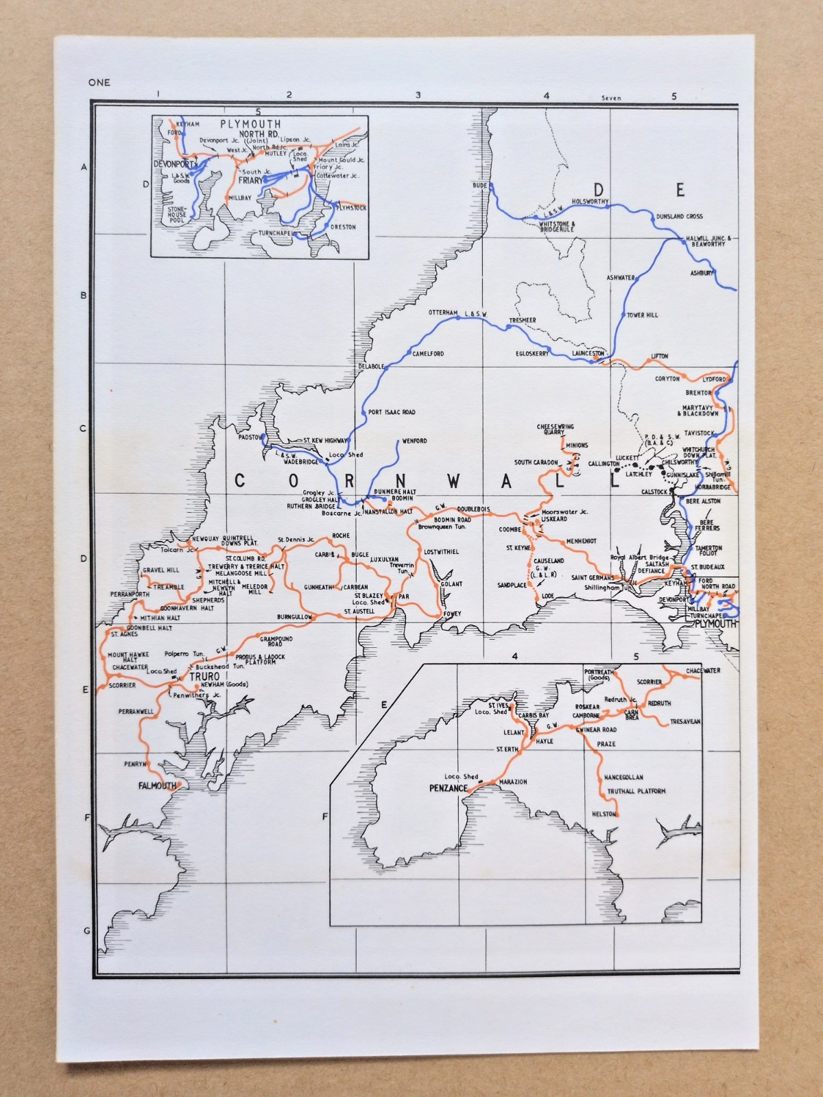 Vintage 1972 map showing Pre Grouping Rail Lines of Cornwall