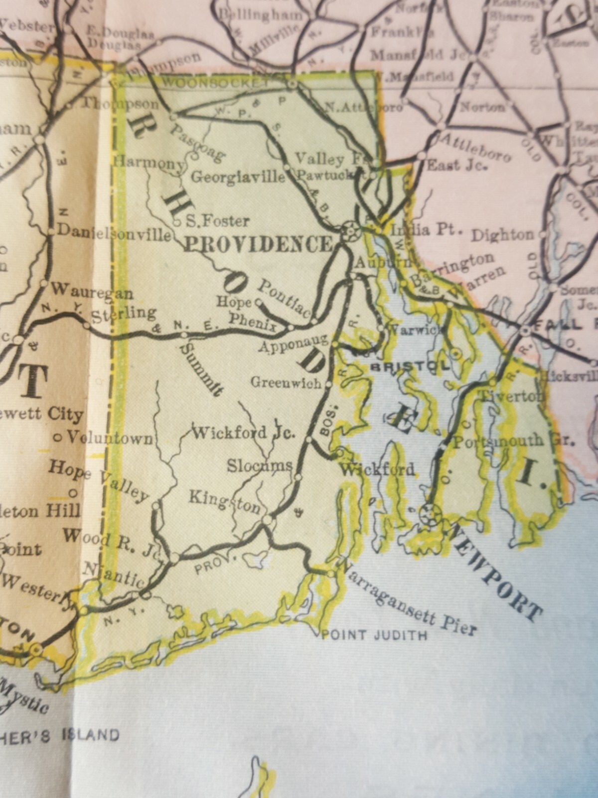 Original 1894 railroad map Drawn by American Bank Note Massachusetts CT RI 9×11″