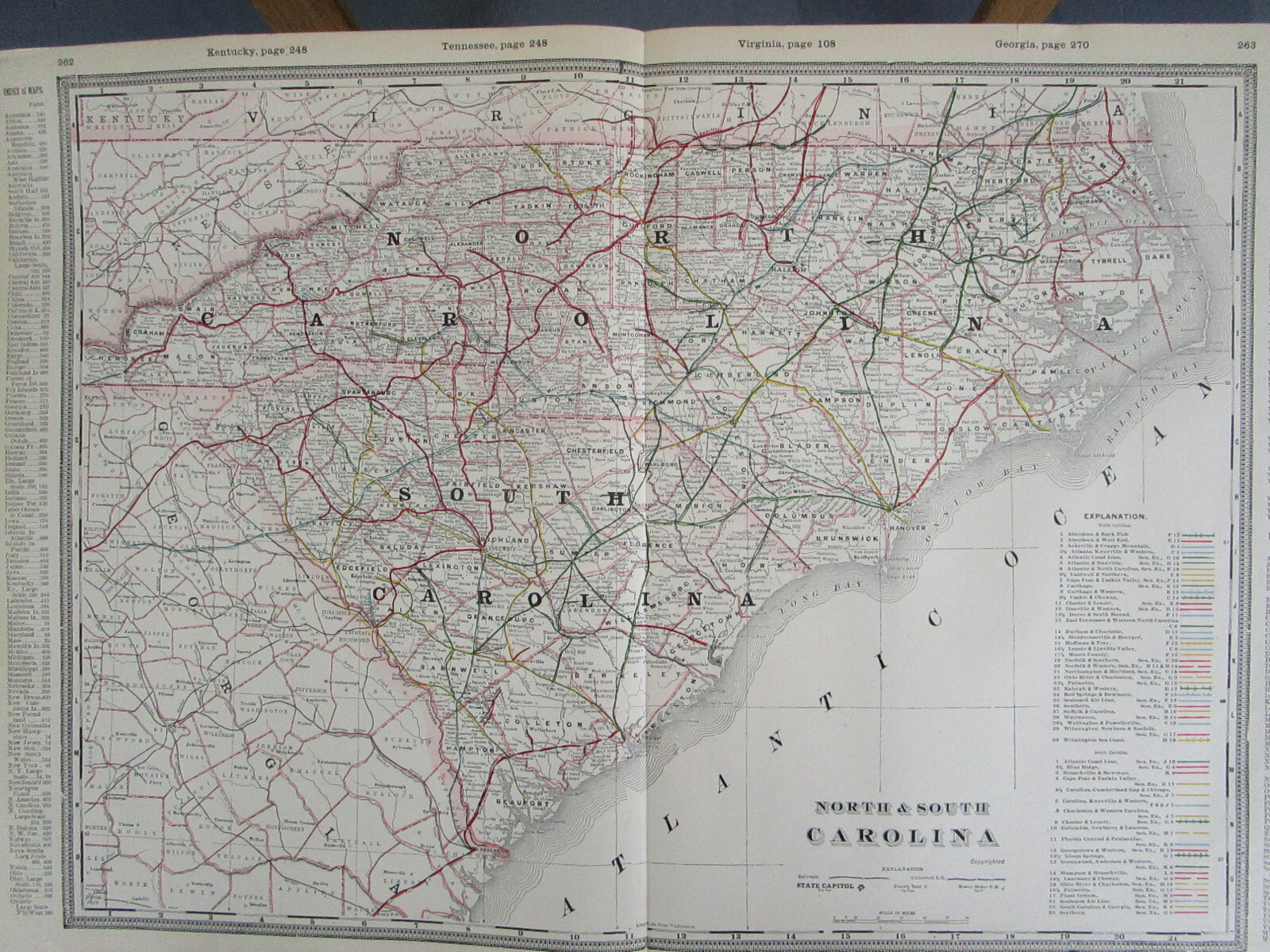 NC SC 1897 NORTH / SOUTH CAROLINA Cram RAILROAD Map. RED SPRINGS & BOWMORE RR