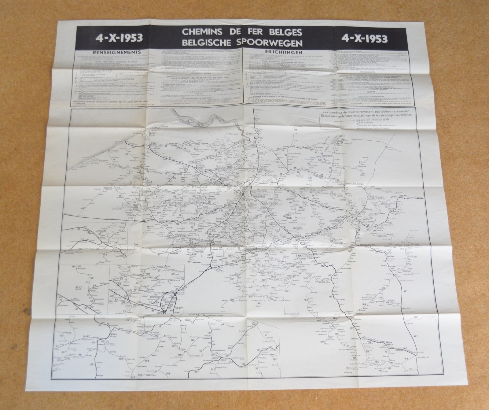 Transport Network Map Belgium Chemins De Fer Belges Belgische Spoorwegen 1953