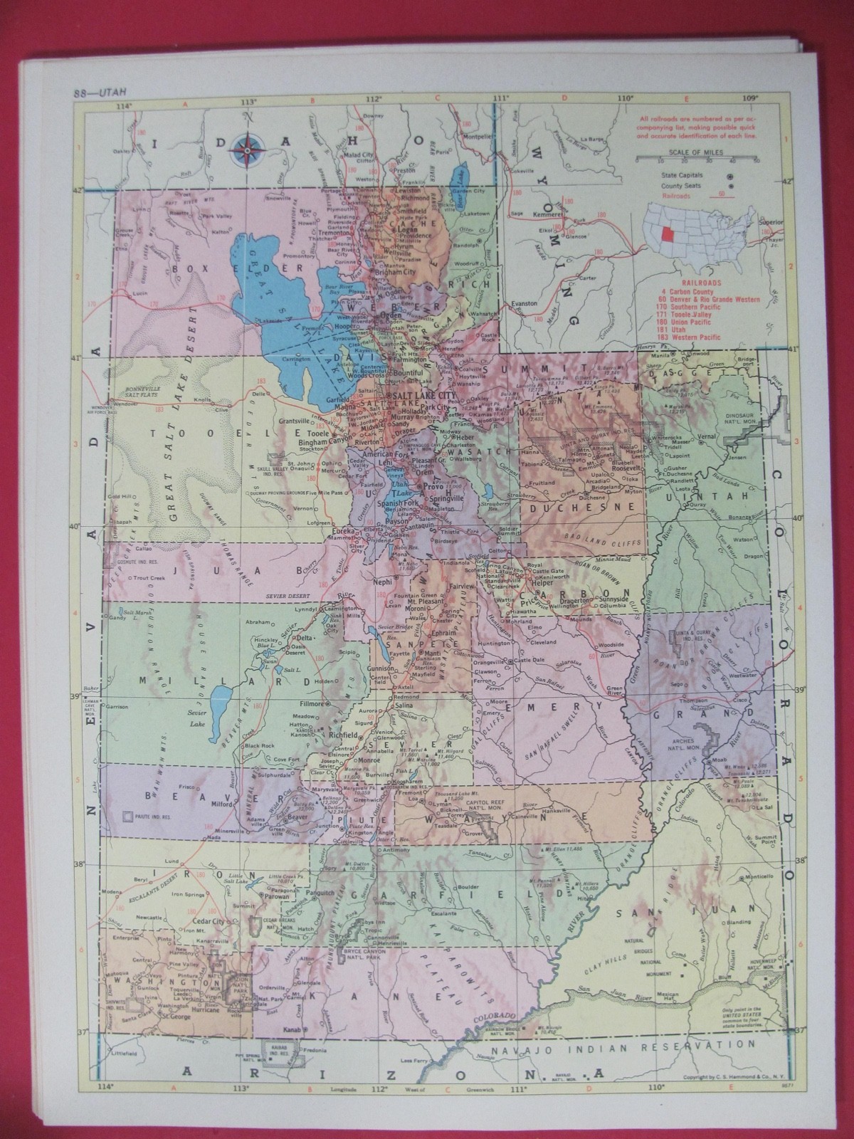 HISTORIC 1953 UTAH & TEXAS RAILROAD MAP SHOWS COUNTIES TOWNS & LIST ALL RR’s