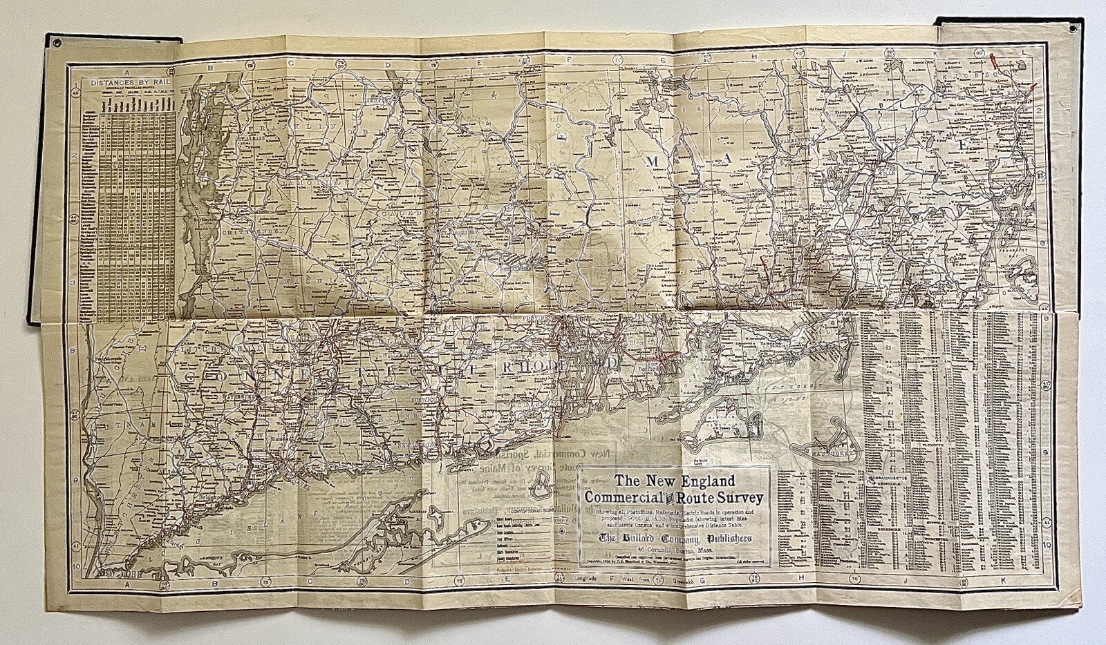 1910 NEW ENGLAND COMMERCIAL & ROUTE SURVEY MAP Towns Populations Rail Fishing