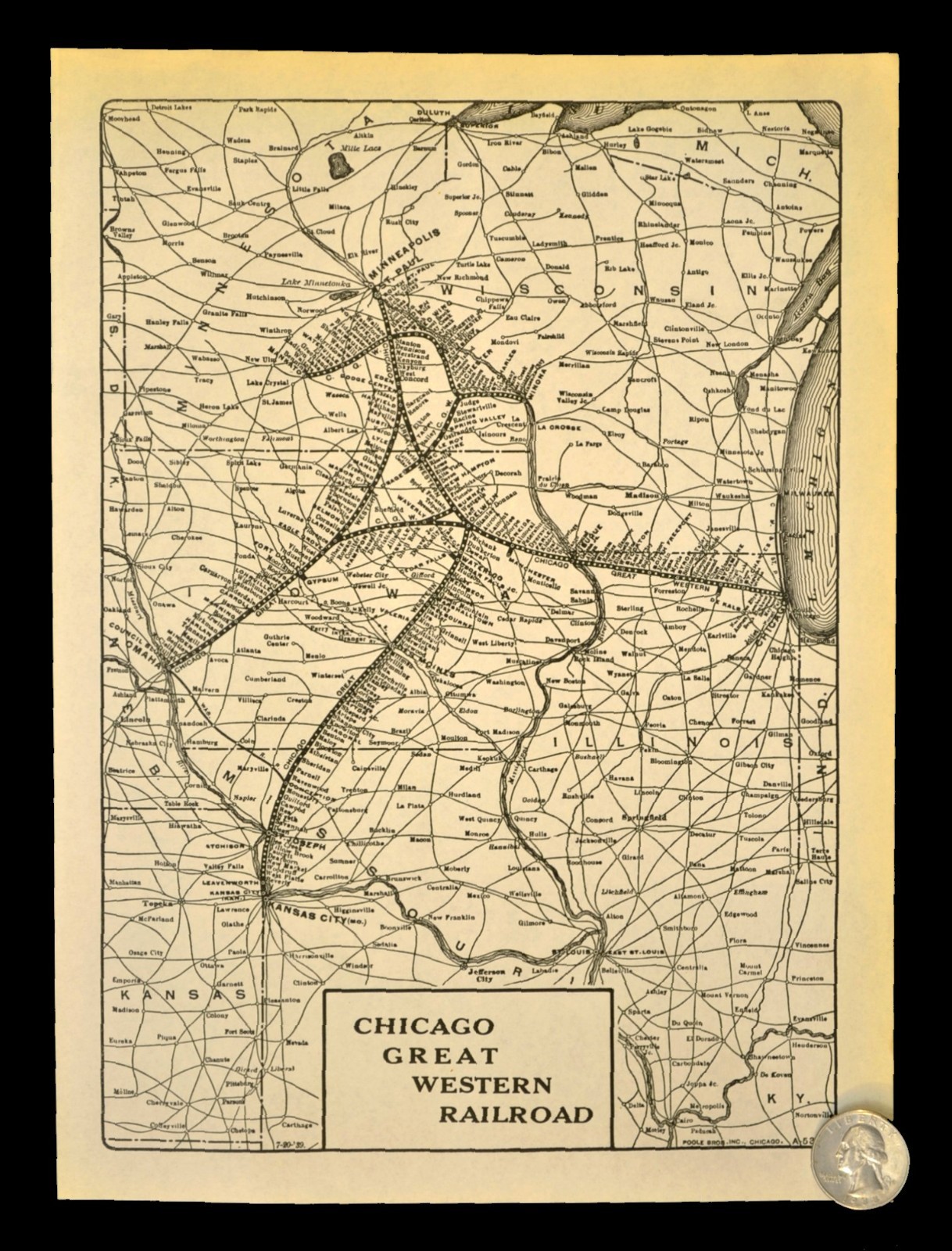 1939 CHICAGO GREAT WESTERN Railroad Map Railway Omaha Minneapolis Antique