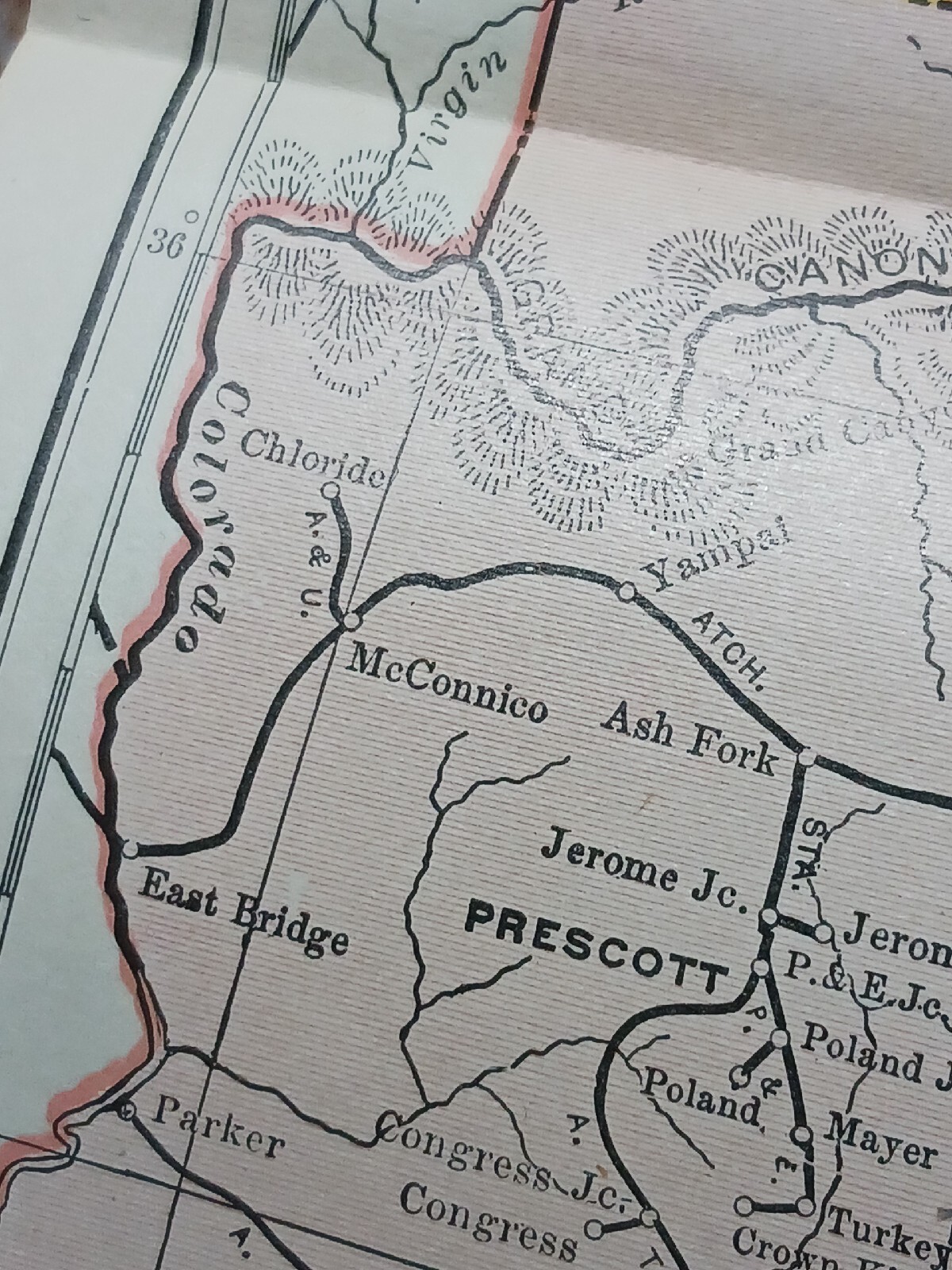 Antique 1909 Railroad Route Map Colorado Utah Arizona all train Lines~ 9 X 11″