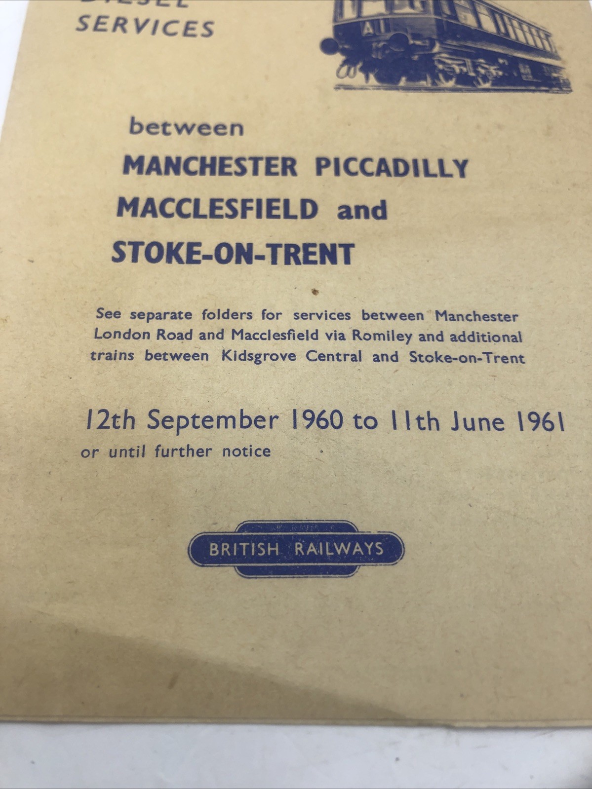 1960 British Railways Diesel Service Timetable Manchester , Picca , Macclesfield