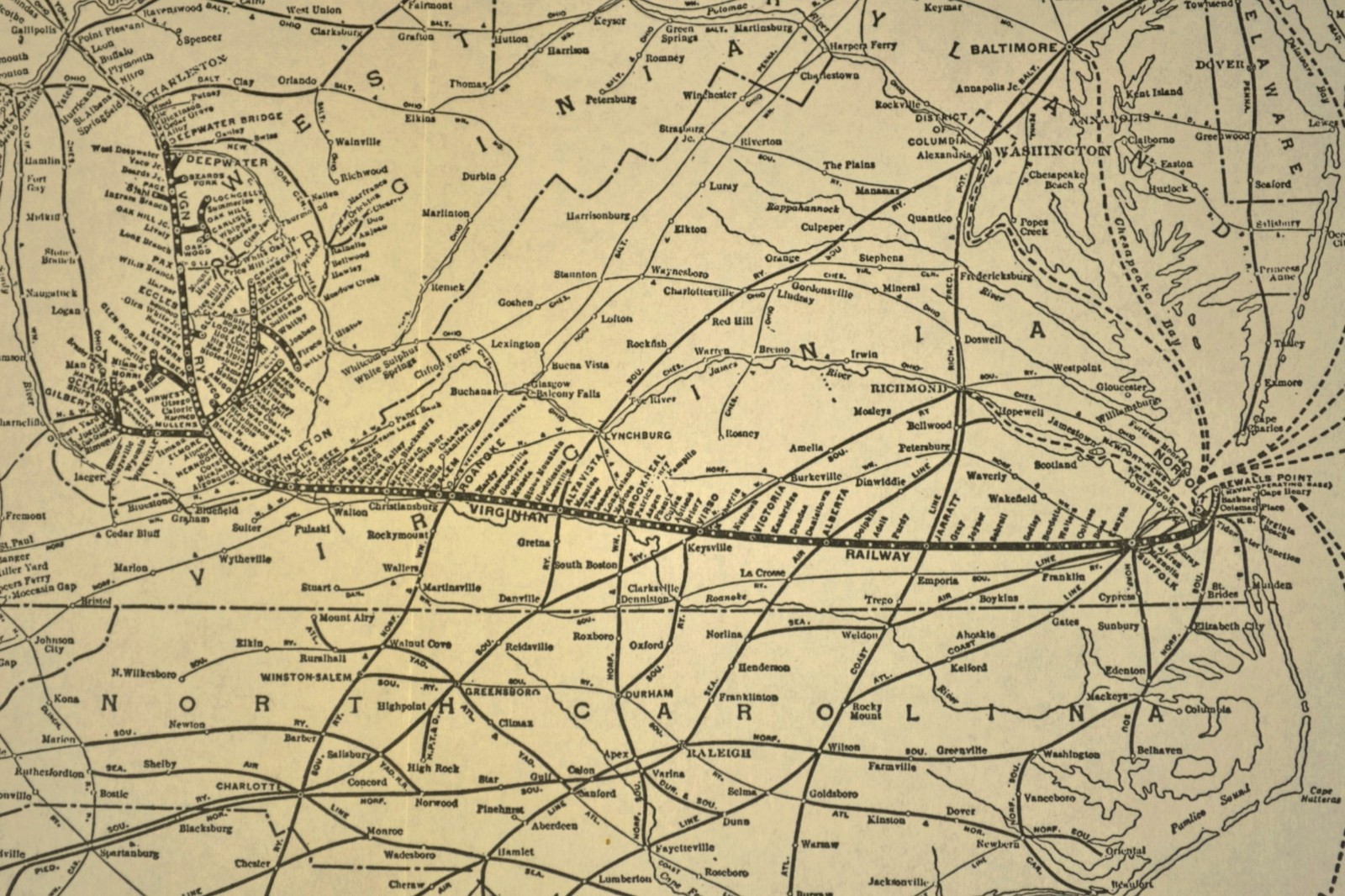 Vintage VIRGINIAN RAILWAY Map Railroad Original Deepwater Norfolk Antique
